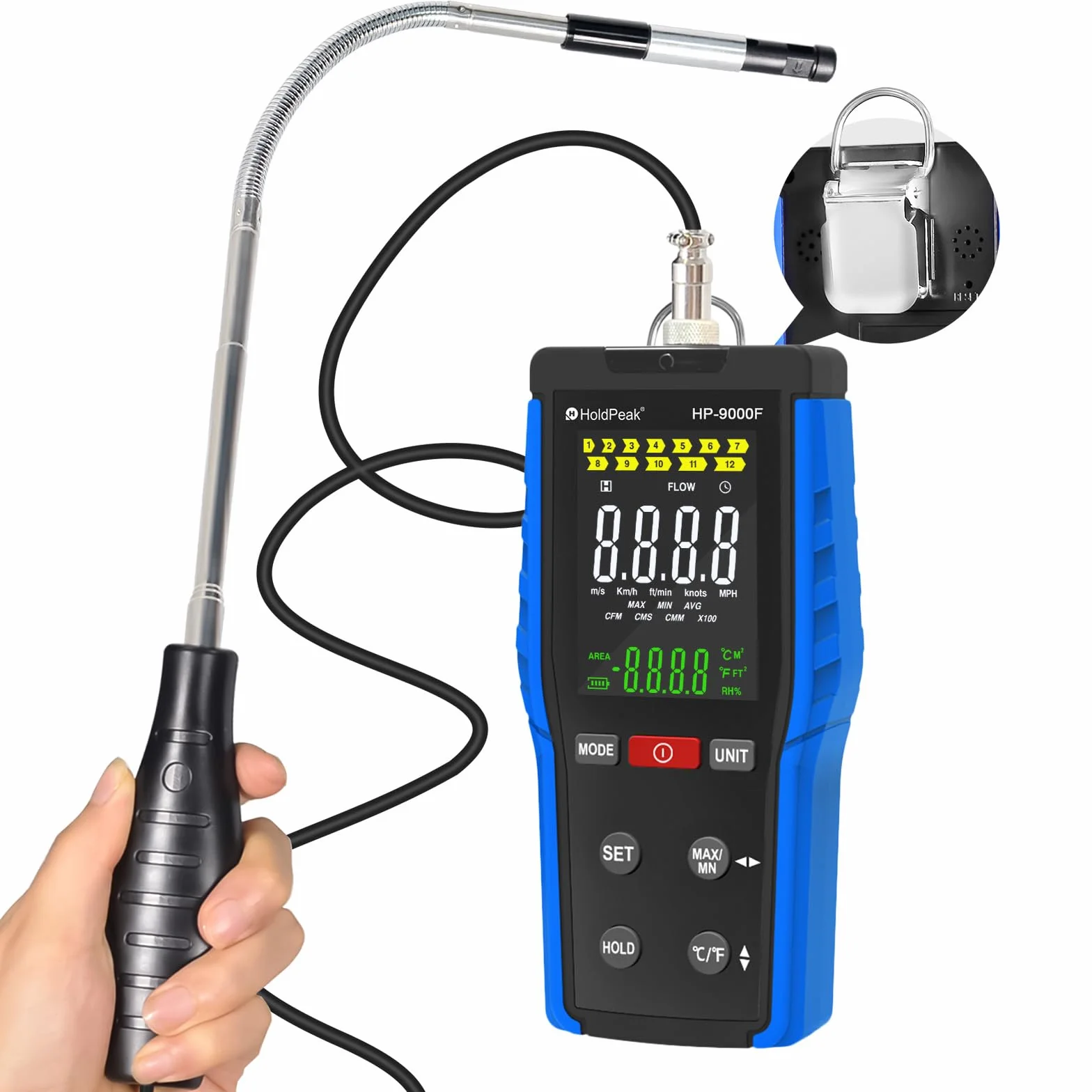 HOLDPEAK Anemómetro Digital con Sensor Retráctil, Medidor de Velocidad del Viento de Alta Precisión, Temperatura y Cierre Automático