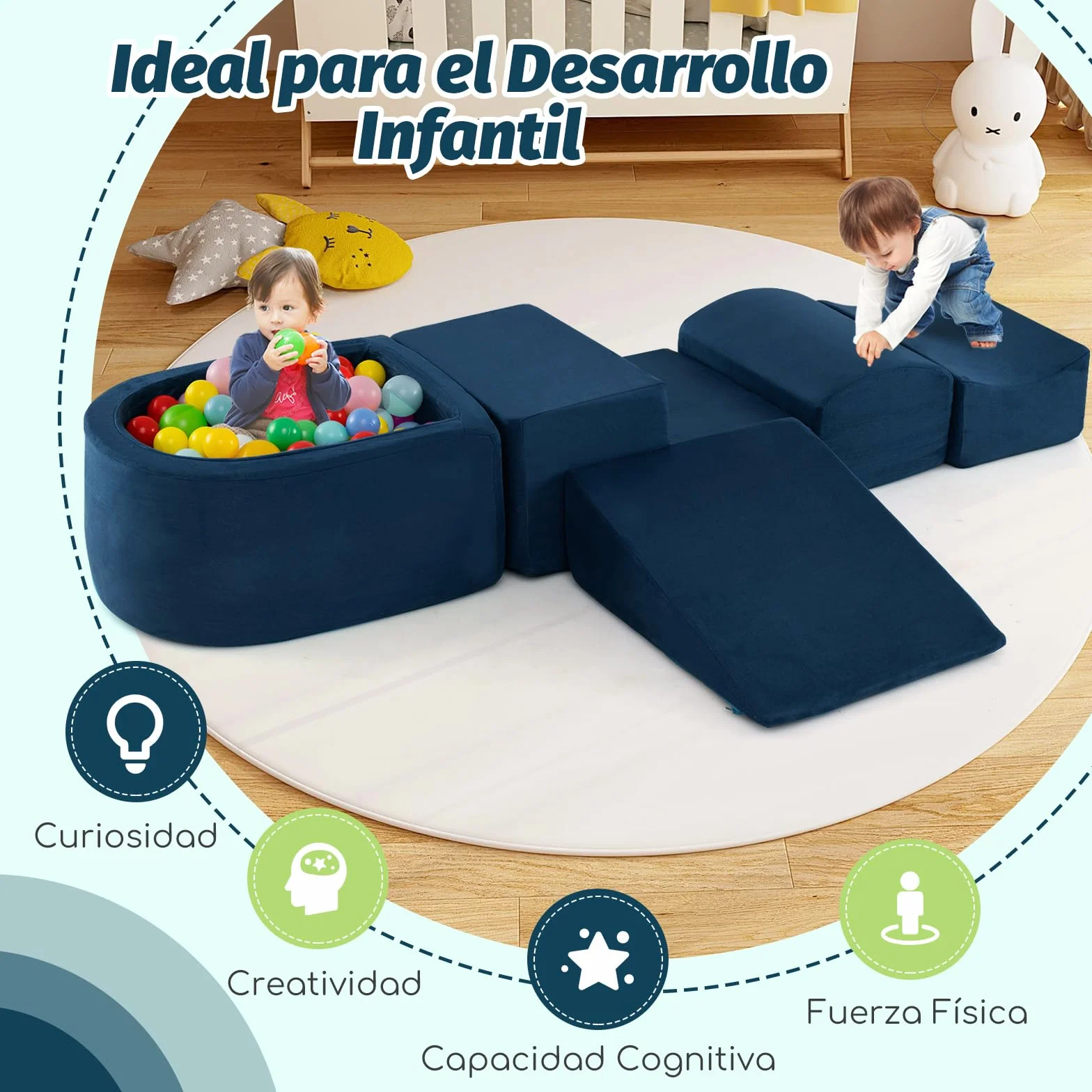 COSTWAY Juego de Escalada y Rampa 5 Piezas, Bloque de Escalada con Piscina de Pelota Infantil, Funda Lavable
