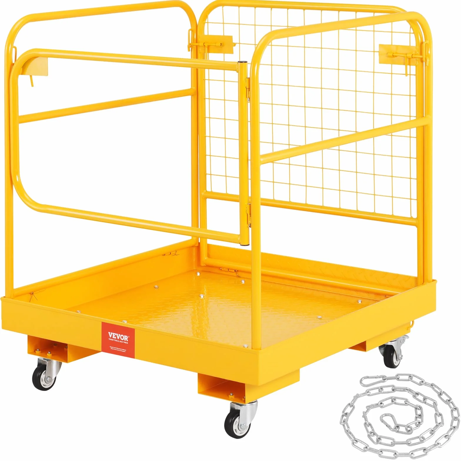 VEVOR Jaula de Seguridad Carretilla Elevadora Carga 544kg Plataforma de Trabajo Plegable 92x92cm 1-2 personas Ruedas Giratorias Bloqueables Cadena de Drenaje con Orificio Seguridad para Trabajo Aéreo