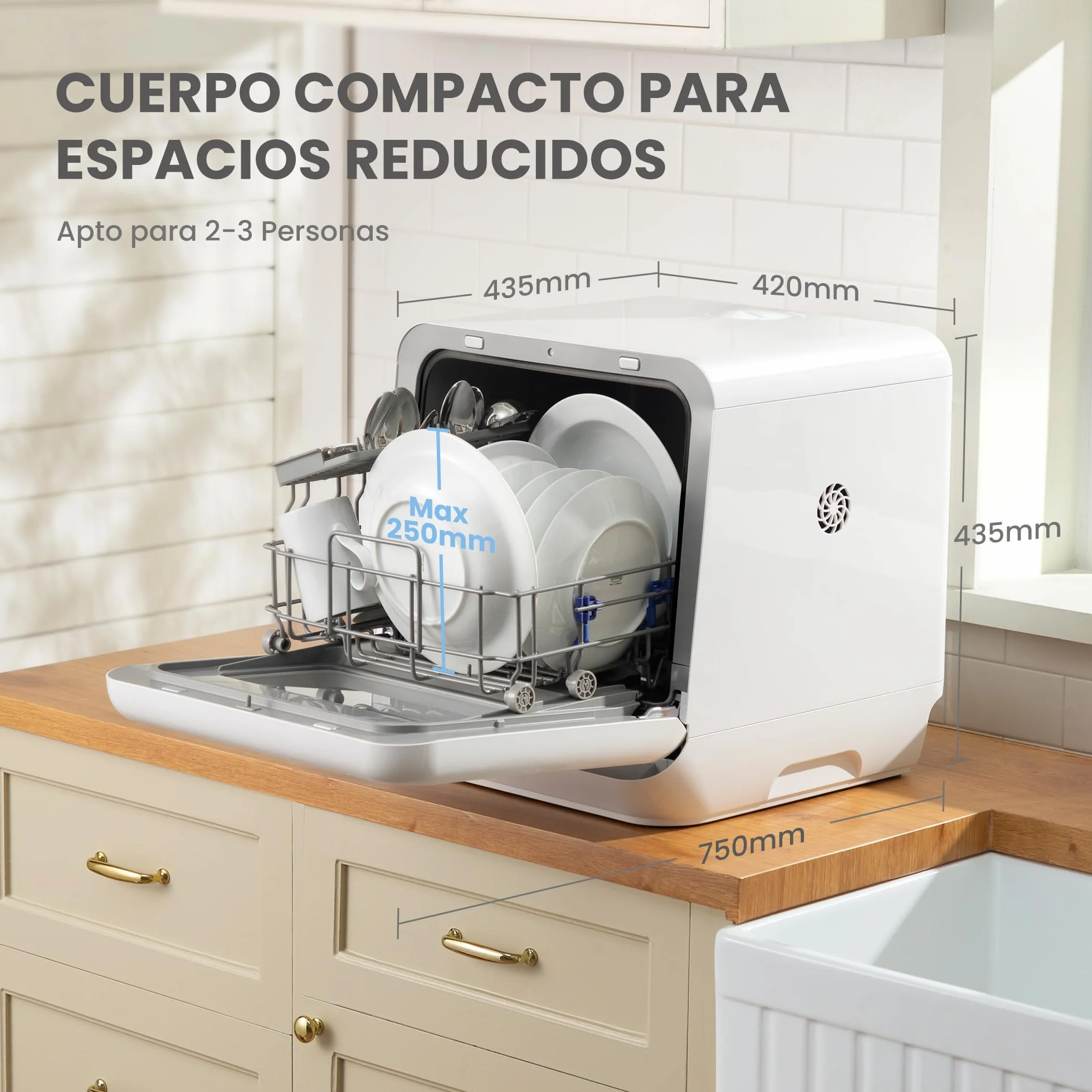 COMFEE' Lavavajillas de Encimera Mini, 6 Programas, Lavado con Vapor, Cuidado del Bebé, Lavado de Frutas, Sin Fontanería, Inicio Diferido, 72h Almacenamiento, Blanco