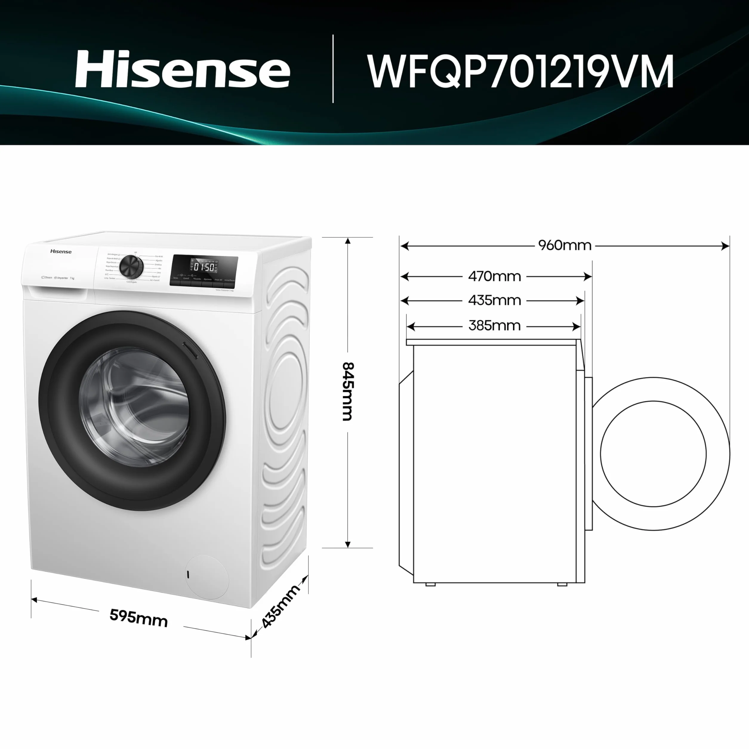 Hisense Lavadora WFQP701219VM 7 Kg 1200 rpm 84.5 cm Blanco