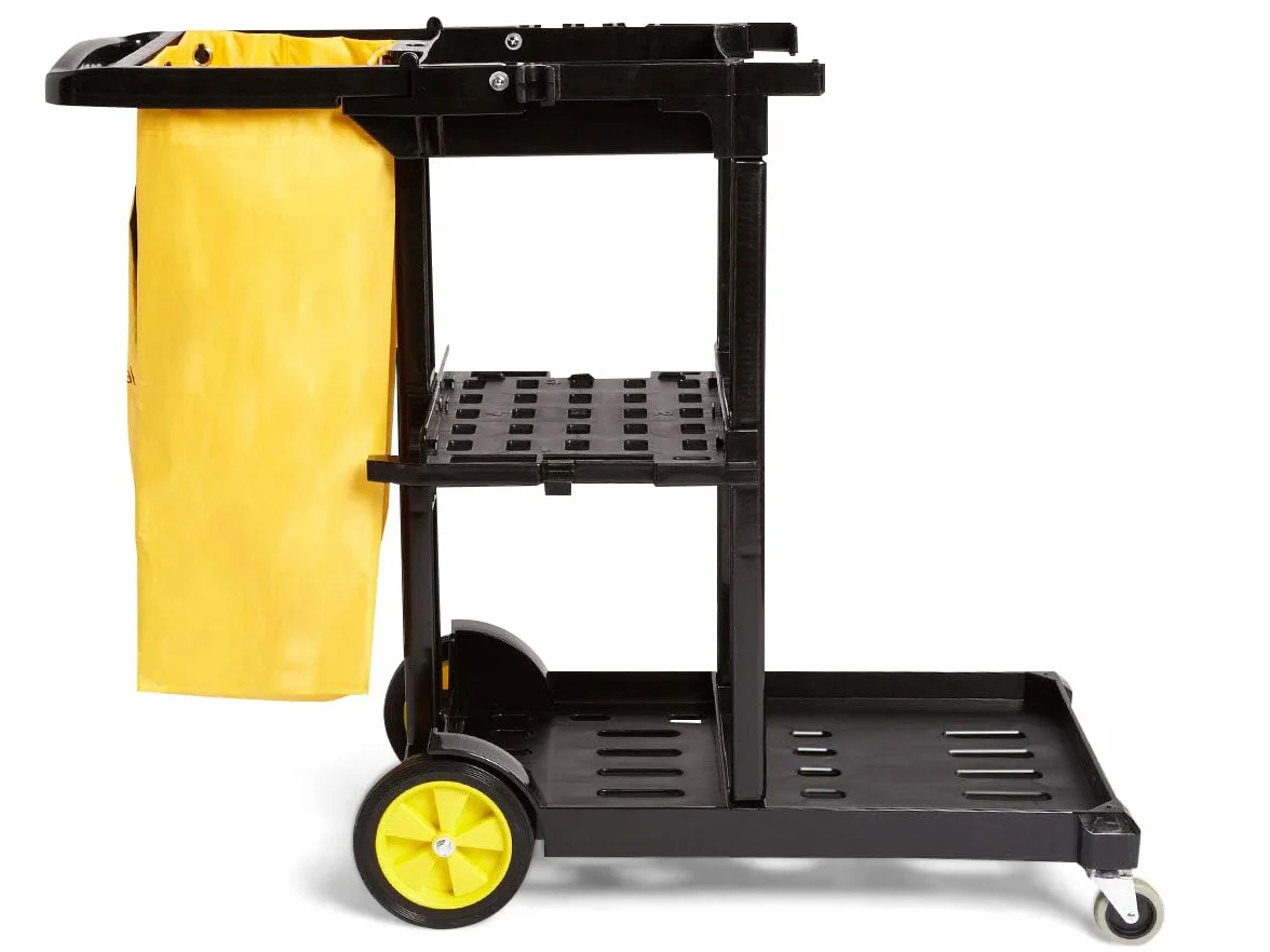 Amazon Basics Carro de limpieza con bolsa con cremallera y 2 estantes, Negro/Amarillo