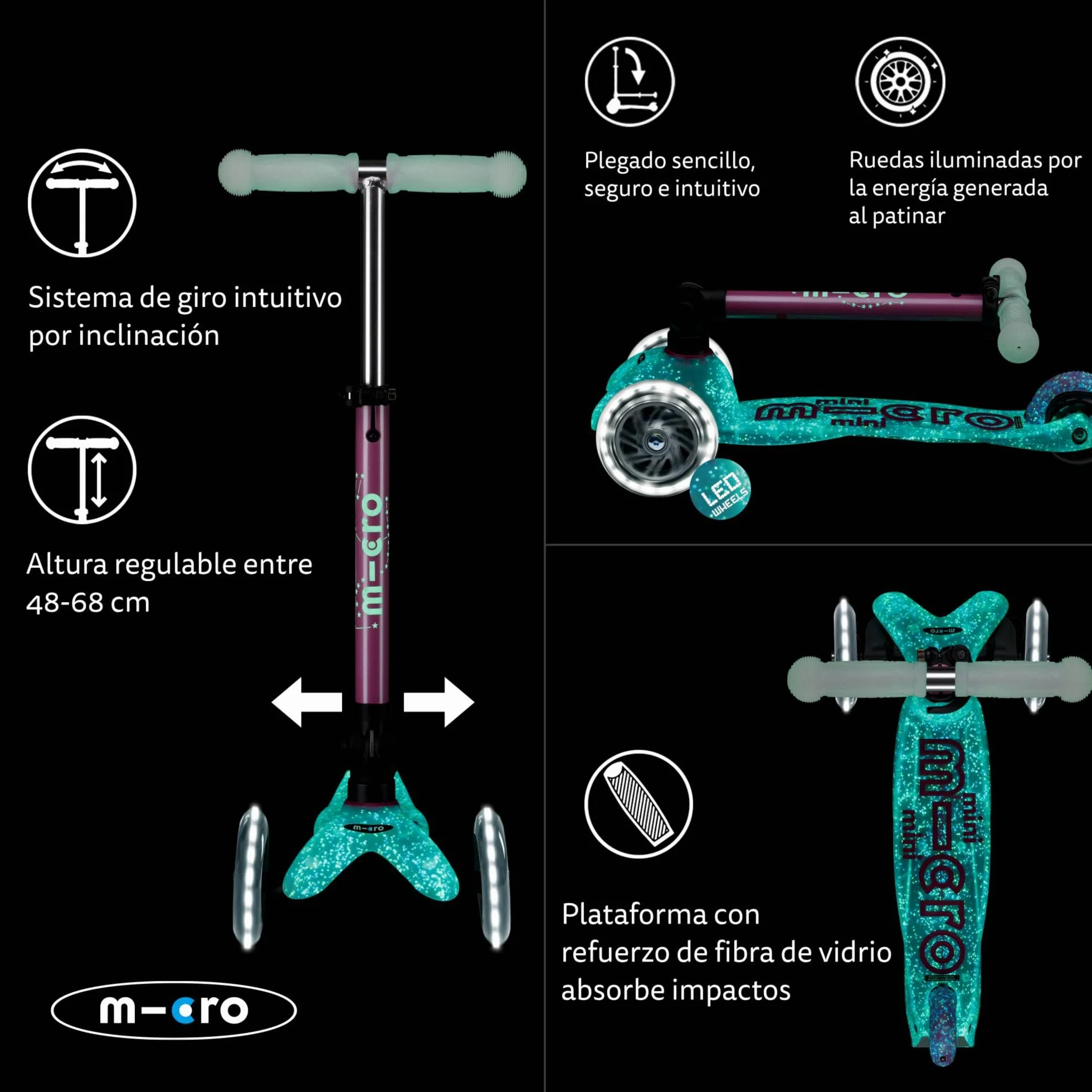 Micro Mini Micro Deluxe LED Patinete 3 Ruedas Plegable con Ruedas Iluminadas LED y Rodamientos ABEC9 Manillar Regulable Altura 2-5 años