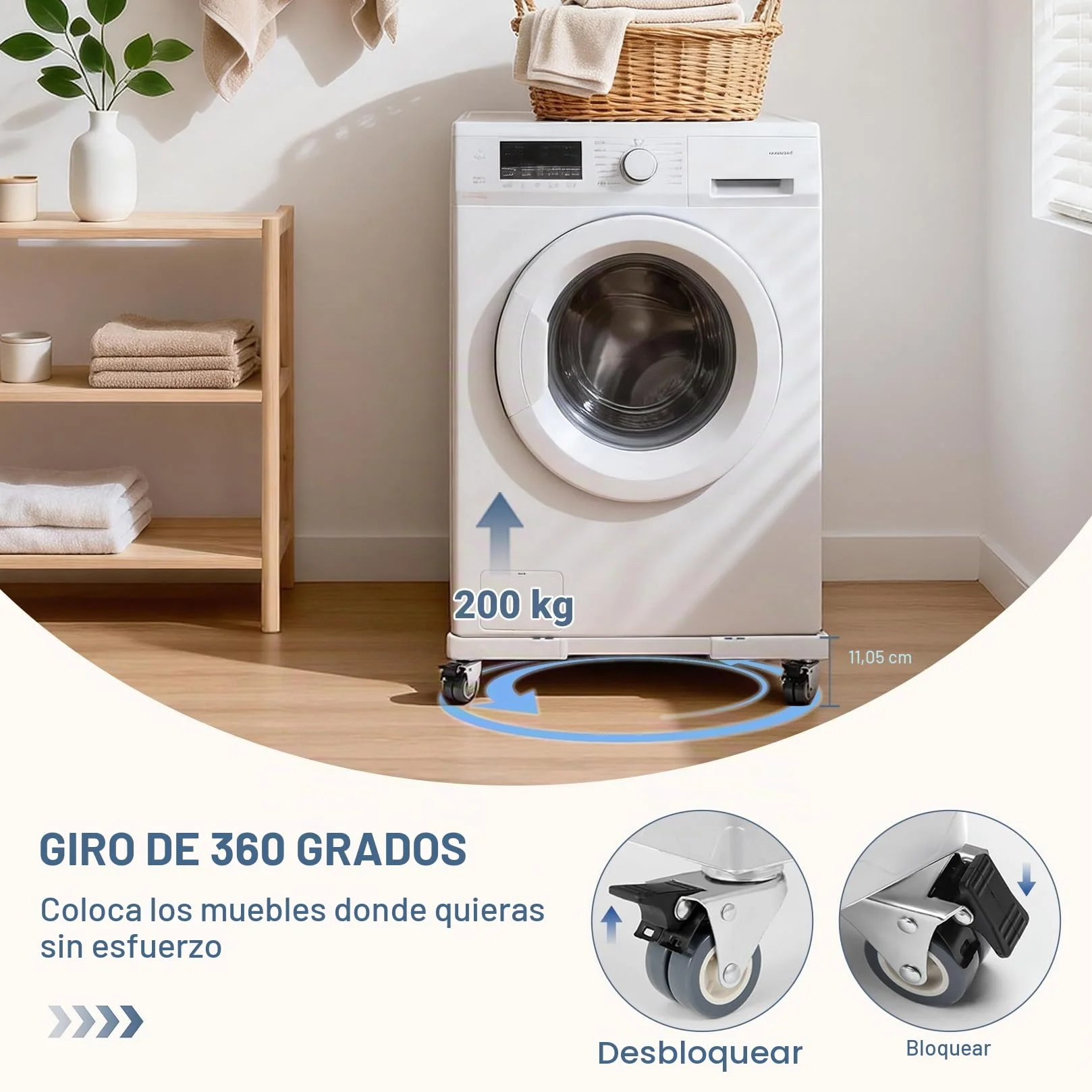 Soporte Lavadora Secadora Carga 200KG, Ancho Regulable 40-60cm, Base con Ruedas Freno, Antivibración, Blanco