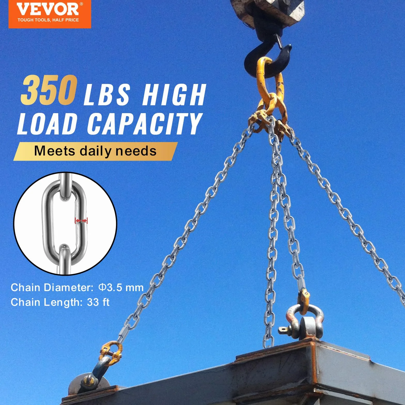 VEVOR Cadena de Eslabones de Acero al Carbono Galvanizado 3,5mm x 10,05m Cadena Helicoidal de Servicio Pesado Capacidad de Carga de 158kg Dos Conectores Rápidos Cadena para Remolcar, Colgar, Acampar