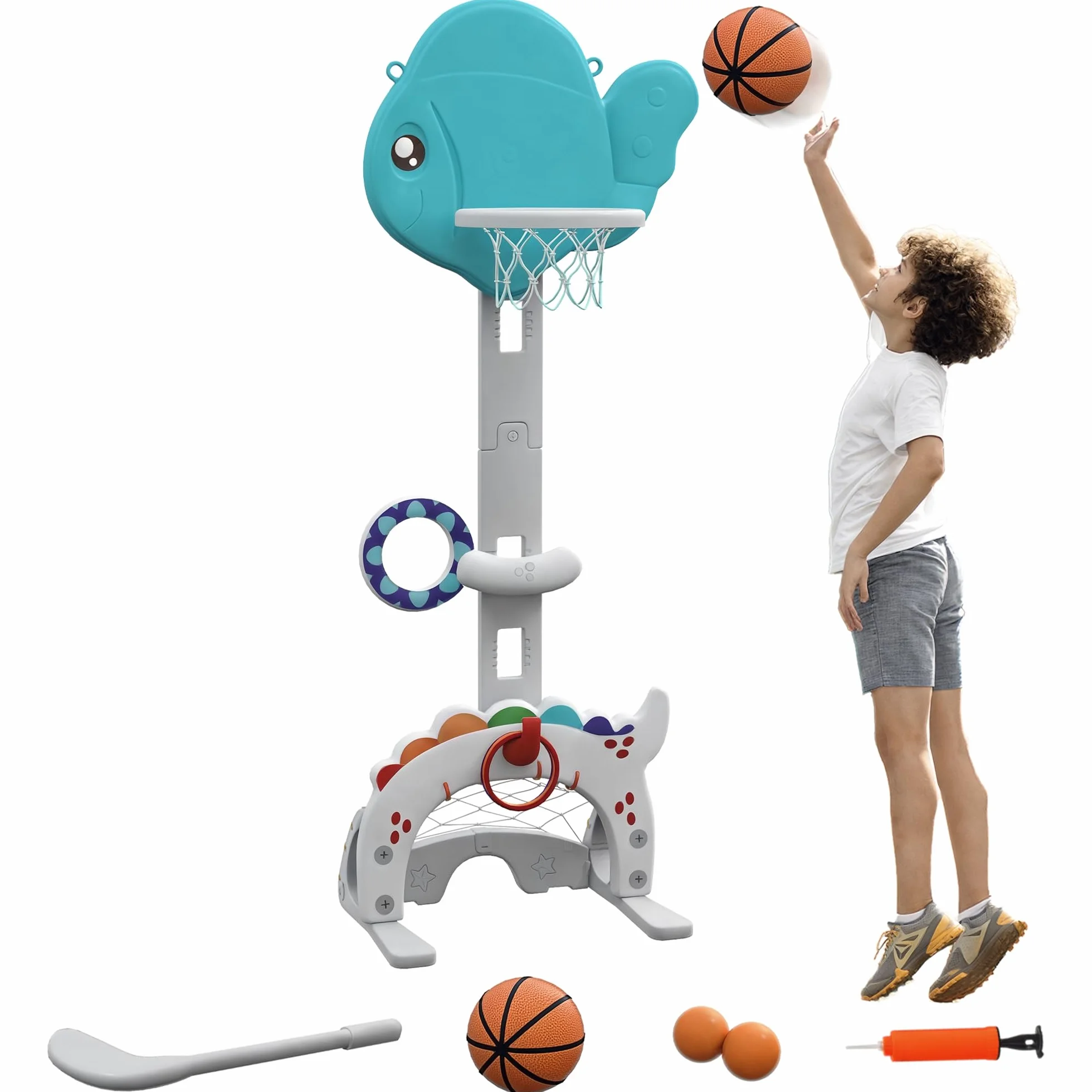 AIYAPLAY Canasta de Baloncesto Infantil 5 en 1 Altura Ajustable con Temática de Pez Dorado Multicolor