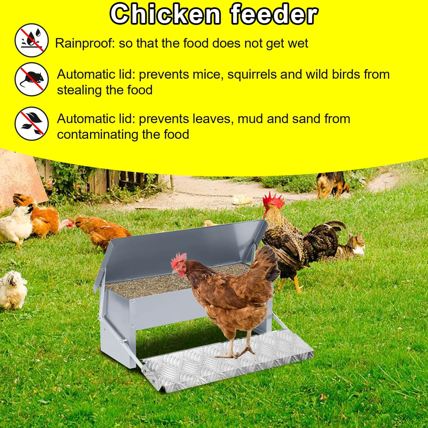 3 comederos automáticos para pollos, 5 kg, con tapa, pedal automático, comedero automático, comedero para pollos, resistente al agua