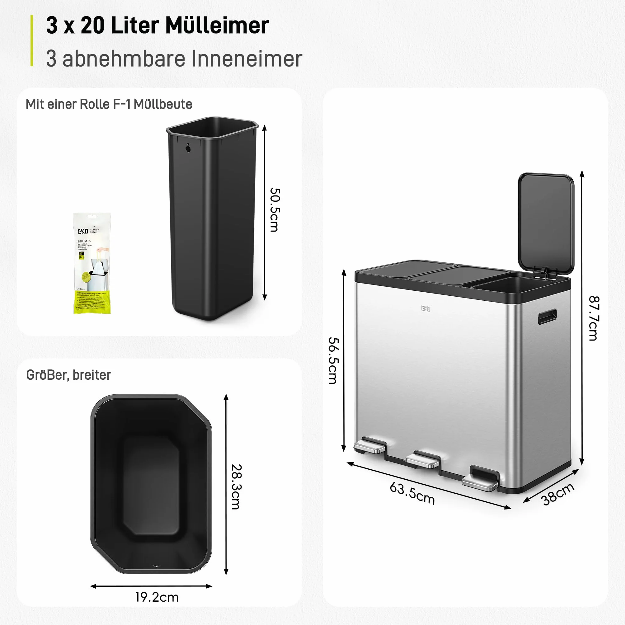 EKO Cubo de basura Essential con 3 compartimentos, 3 x 20 litros, sistema de separación de basura, incluye 20 bolsas de basura, cubo de basura grande con tapa, cierre suave y hermético, acero
