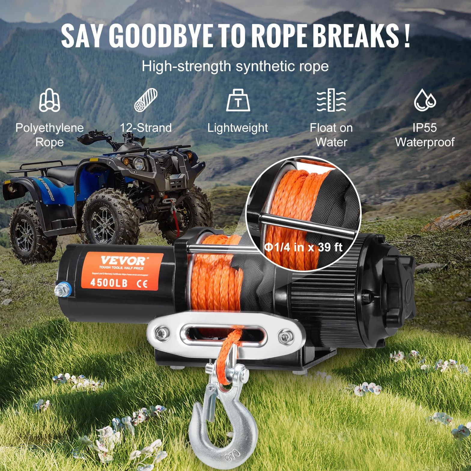 VEVOR Cabrestante Eléctrico ATV UTV Capacidad de Remolque 2041 kg 12 V DC Cuerda Sintética de 12 Hilos Φ0,6x1188,7 cm Control Remoto Inalámbrico y por Cable Impermeable IP55 para Remolque ATV UTV