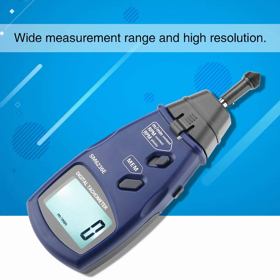 Tacómetro digital, robusto y duradero SM6236E Tacómetro láser/de contacto 5 dígitos Probador de medidor de rotación de tacómetro LCD digital de 18 mm