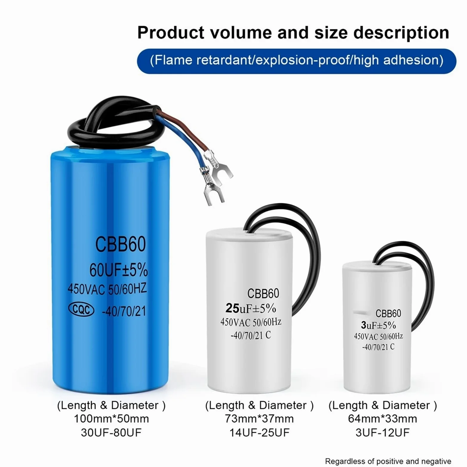 2 uds CBB60 450V condensador de funcionamiento del Motor serie condensadores de arranque de la bomba de agua funcionamiento del Motor de arranque 450VAC 3uF-80uF (Size : 80UF Blue)
