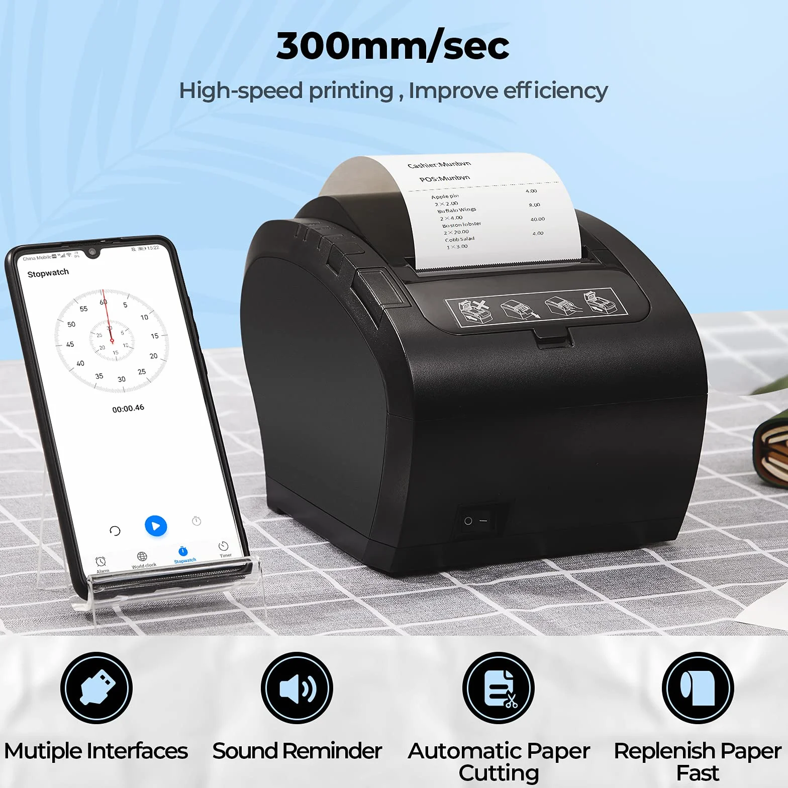 MUNBYN WiFi Impresora termica, Impresora de Ticket, Térmica WiFi, Impresora de Recibos 80mm, Ticketera Velocidad 300mm/s ESC/POS Compatible con Mac/Android/Windows-Negro