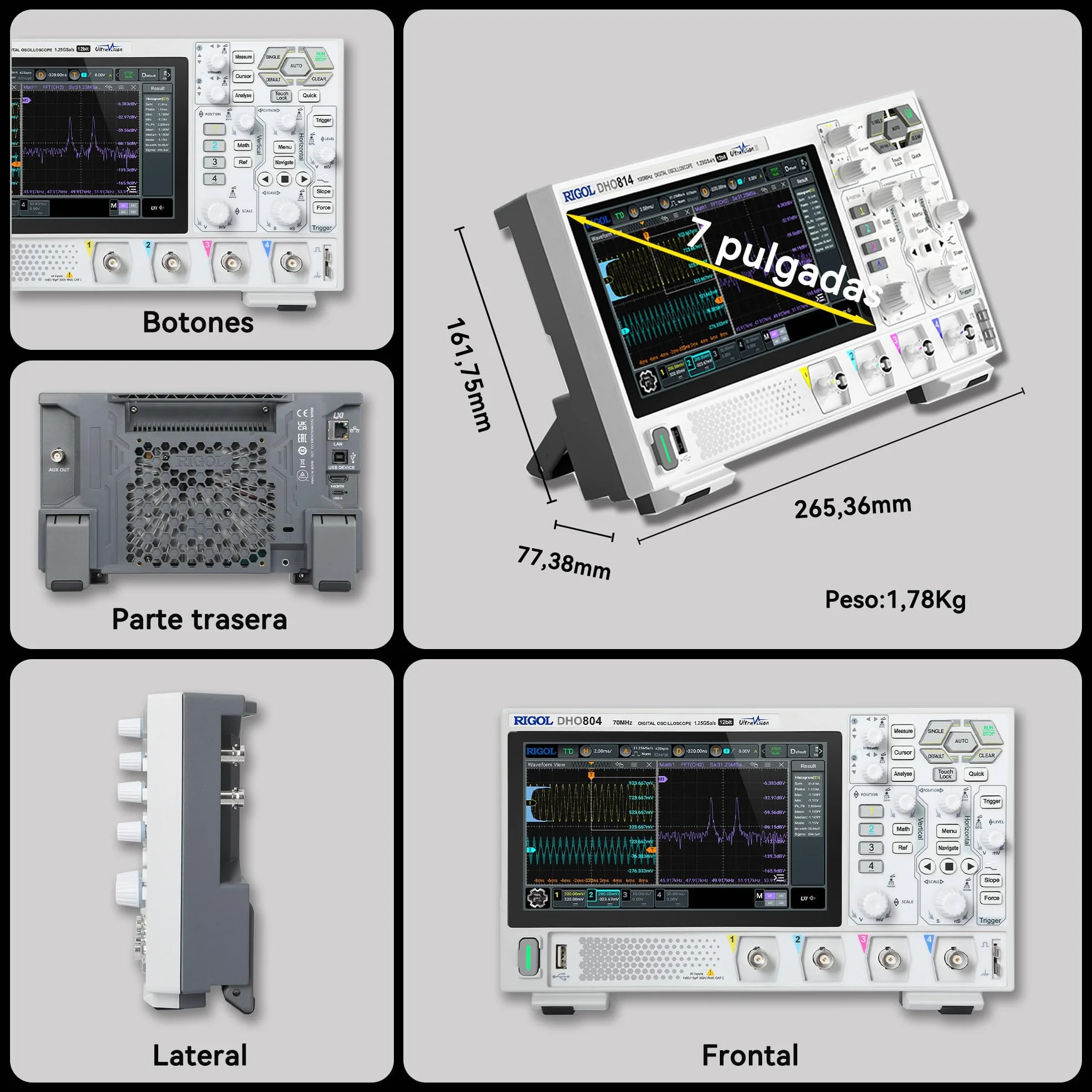 RIGOL Osciloscopio,DHO804 Osciloscopio Digital Portatil,70MHz,4A canal,Resolución de 12 bits,Pantalla táctil HD 7",compatible con batería externa,ideal para pruebas en campo y enseñanza