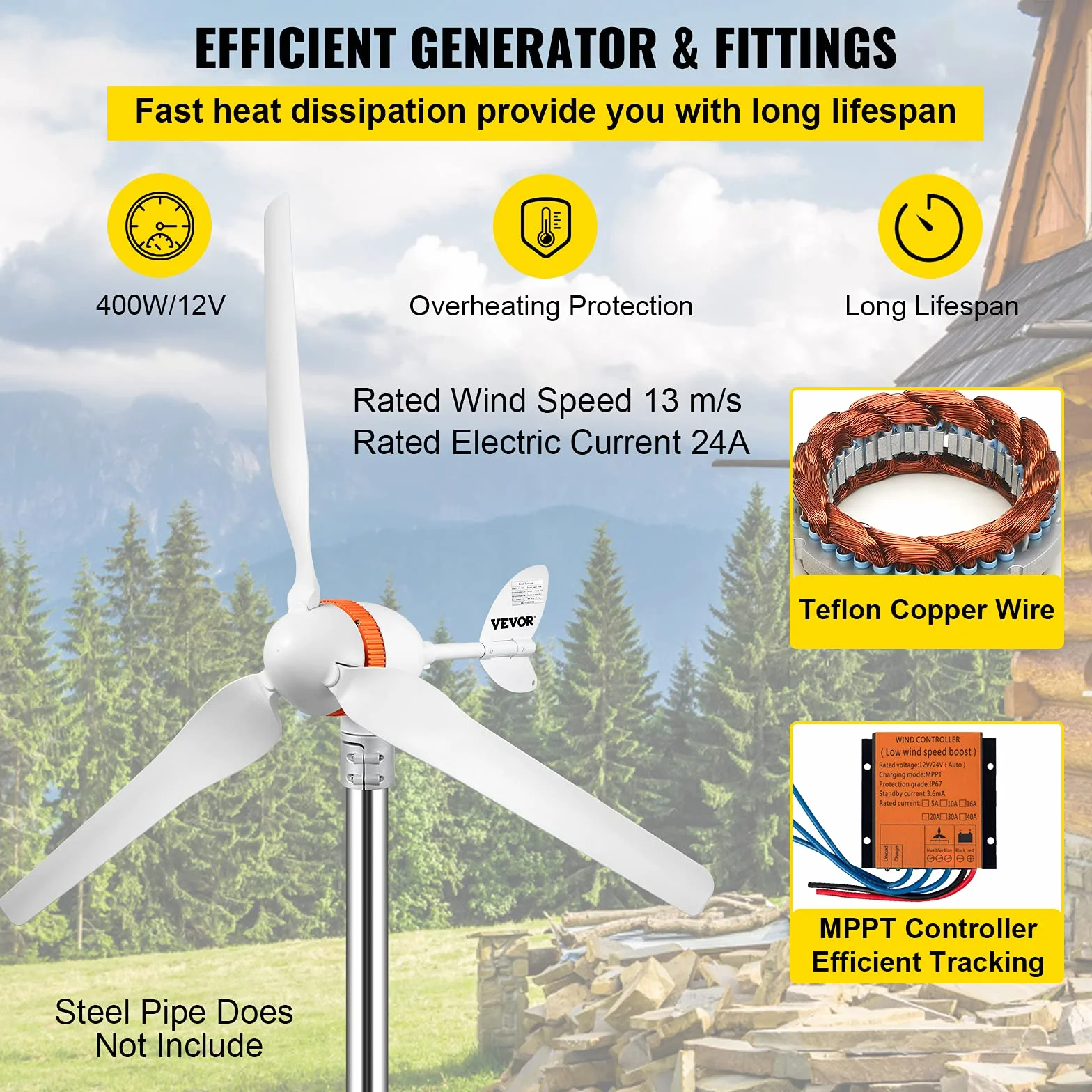 VEVOR Generador de Turbina Eólica 12 V 400 W Aerogenerador Horizontal 3 Cuchillas Velocidad Nominal 13 m/s Kit de Turbina Eólica Resistente y Durable con Controlador de Carga, Chalets, Blanco