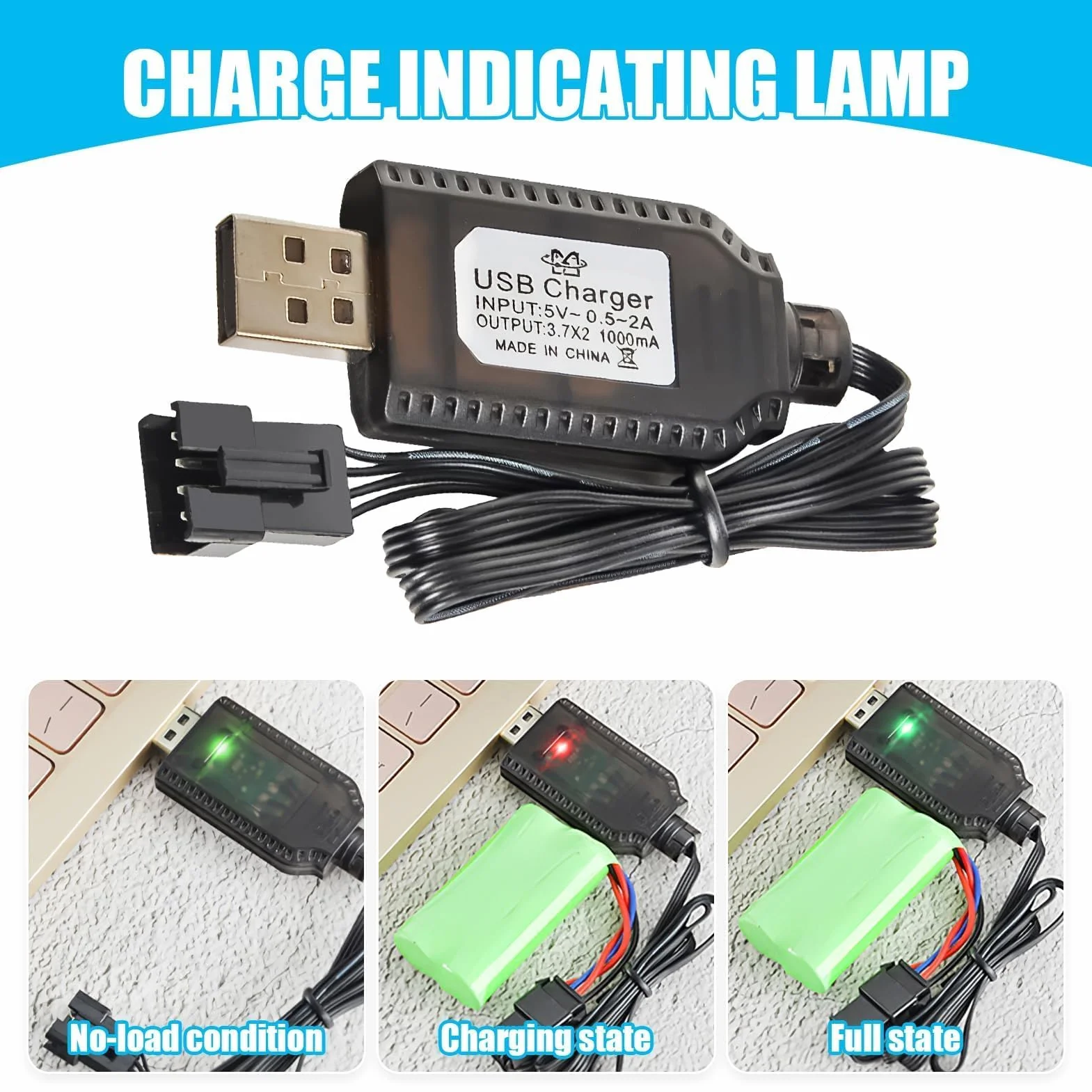 Cargador Universal LiPo 7,4 V USB con Conector SM-4P para Coche y Drone RC