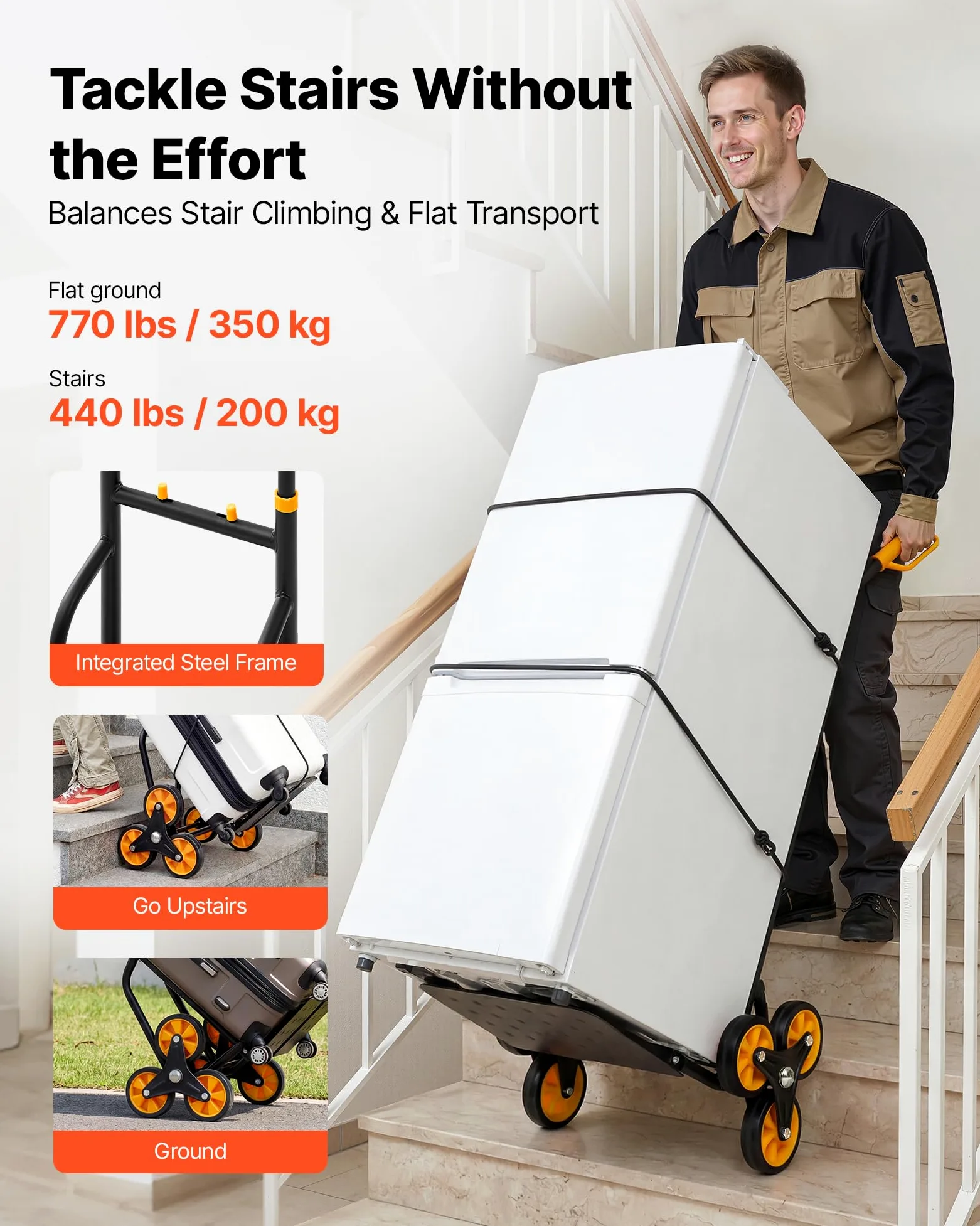 VEVOR Carretilla para Subir Escaleras Carga de 200 kg, Carro de Escalera Plegable con Asa Telescópica, 6 Ruedas y 2 Cuerdas Elásticas, para Transporte, Almacén, Centro Comercial, Mudanzas, Oficina