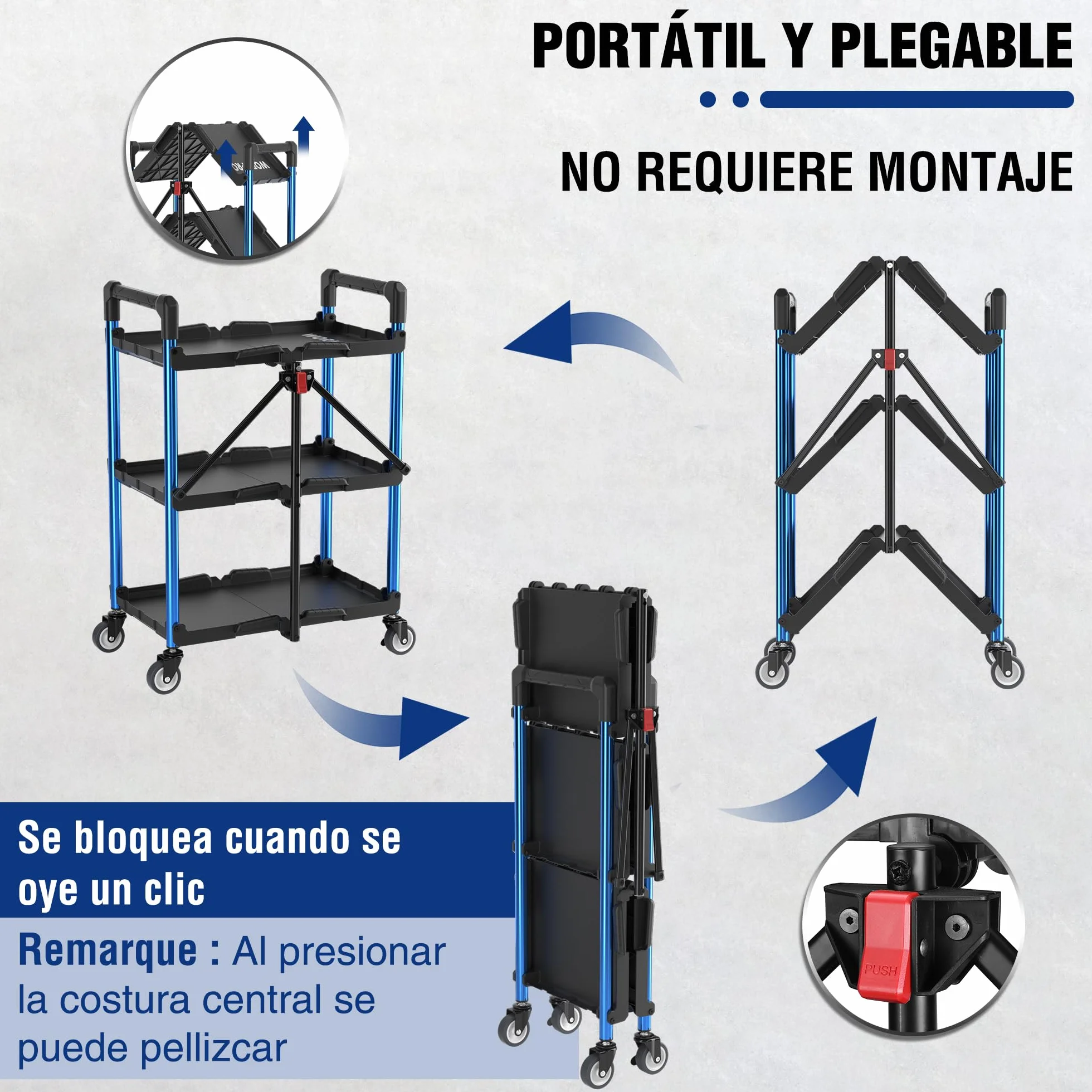 WORKPRO Carro de Servicio Plegable 3 Niveles, Capacidad de 96 kg, Carro Portátil para Herramientas, Ideal para Garaje, Almacén, Hogar, Restaurante, Oficina (Sin Montaje)