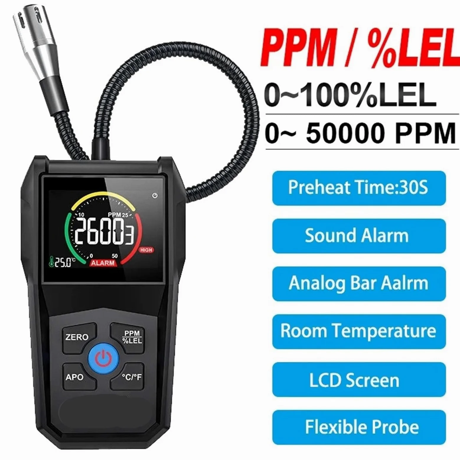 Contador partículas polvo, Analizador De Detector Gas Combustible CGD02A, Fuga 50000 PPM para interiores exteriores | Pantalla LCD, Alarma Luz Y Sonido
