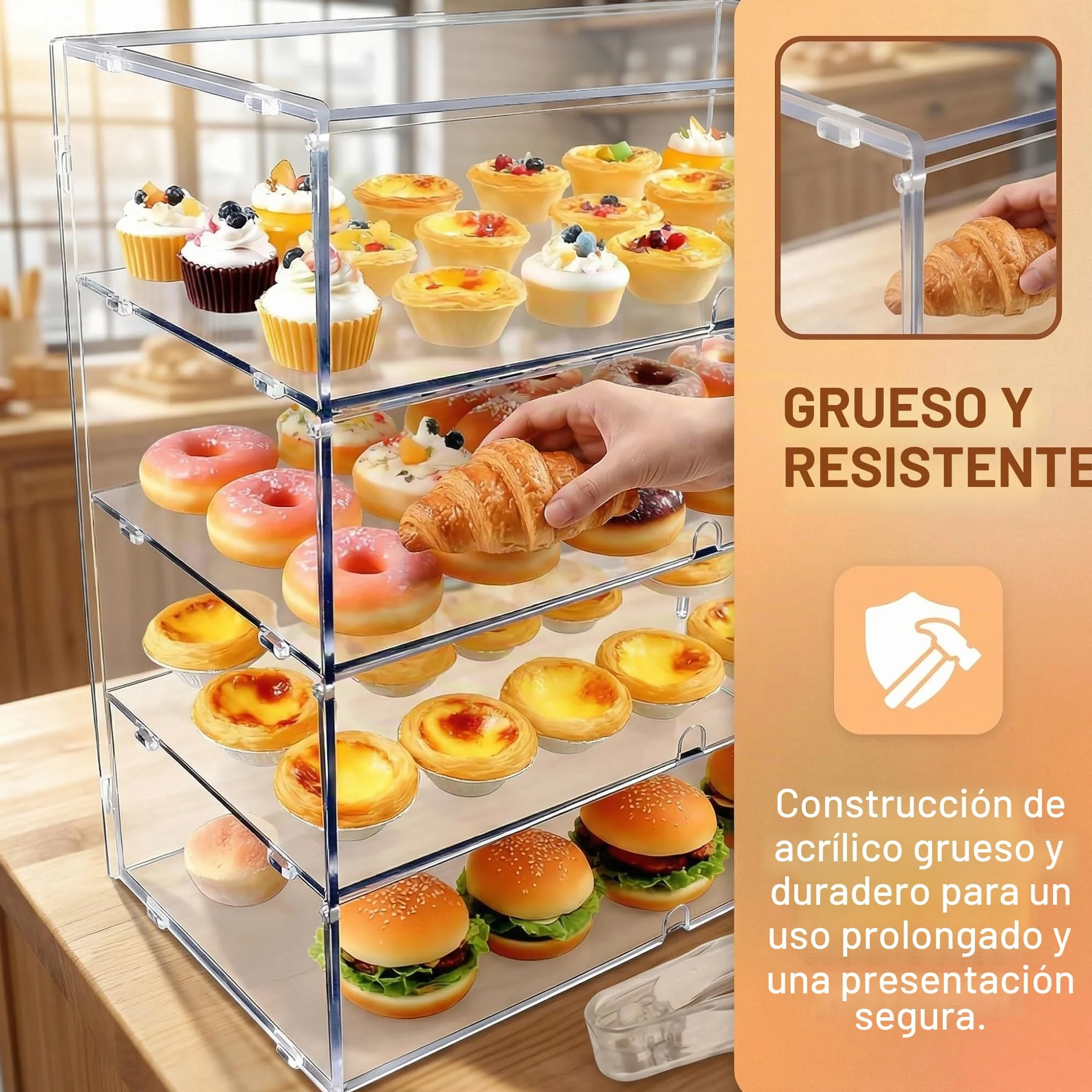 Vitrina Transparente para panadería con encimera de 3 Niveles, Paneles PETG de Alto Impacto de 5 mm (LJ039C 4-Tiers transdparent)