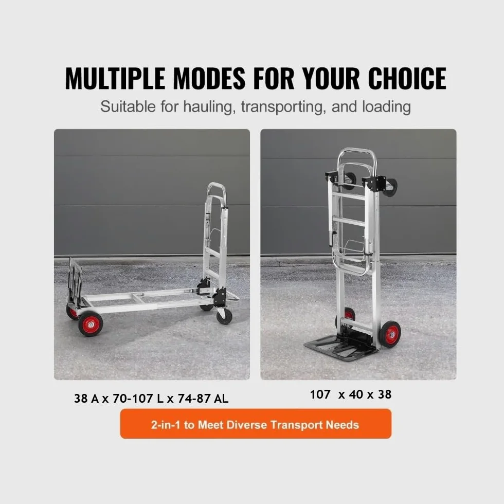 Patuk-Shop Carretilla de Mano Plegable de Aluminio Carro de Mano 2 en 1 Carretilla de Transporte Plegable con Plataforma Carga de 181 kg Ruedas de Goma para Transporte de Mercancías de Almacén
