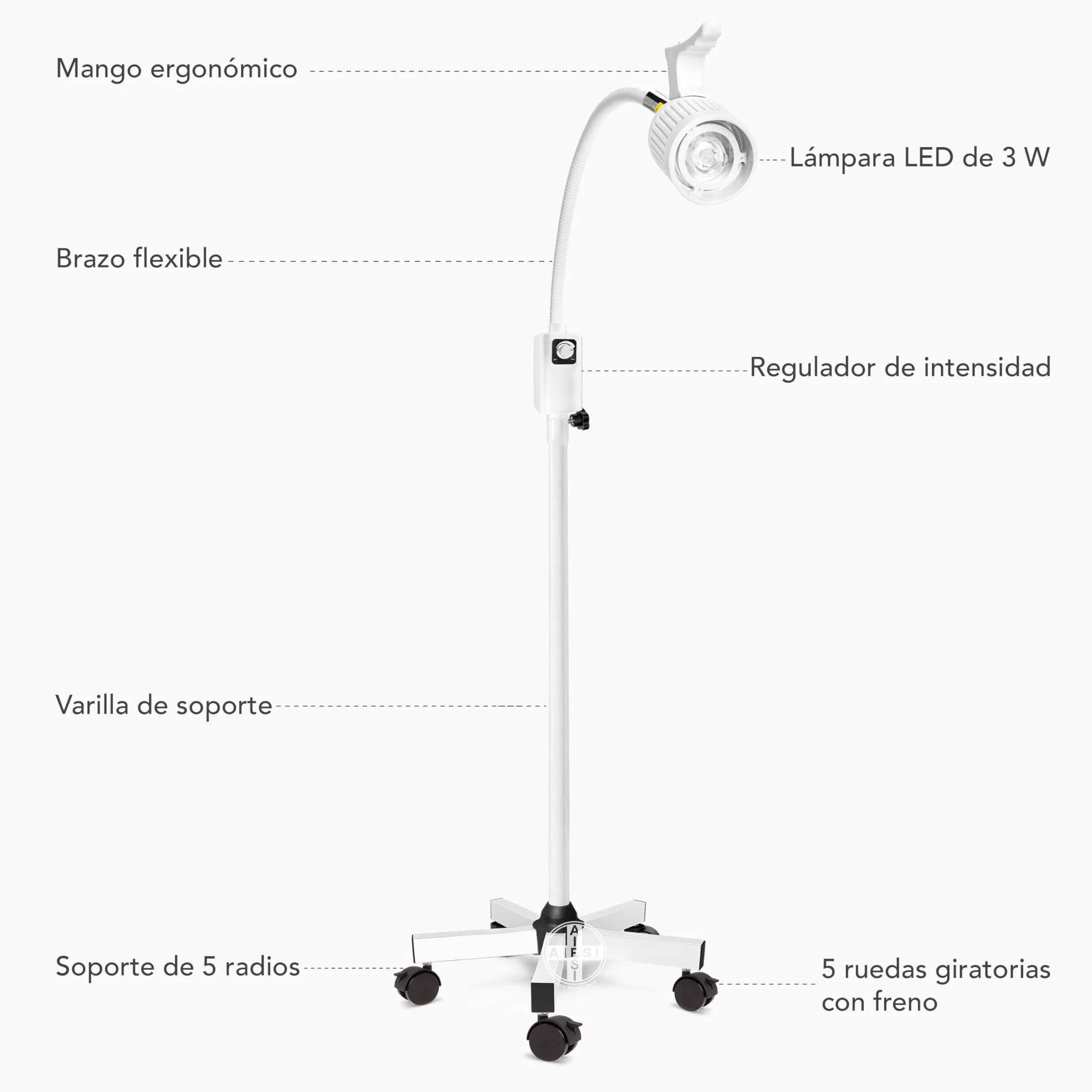 AIESI® Lámpara de exploración médica LED con brazo flexible en soporte con ruedas giratorias para uso médico, Articulación direccional, Garantía 24 meses