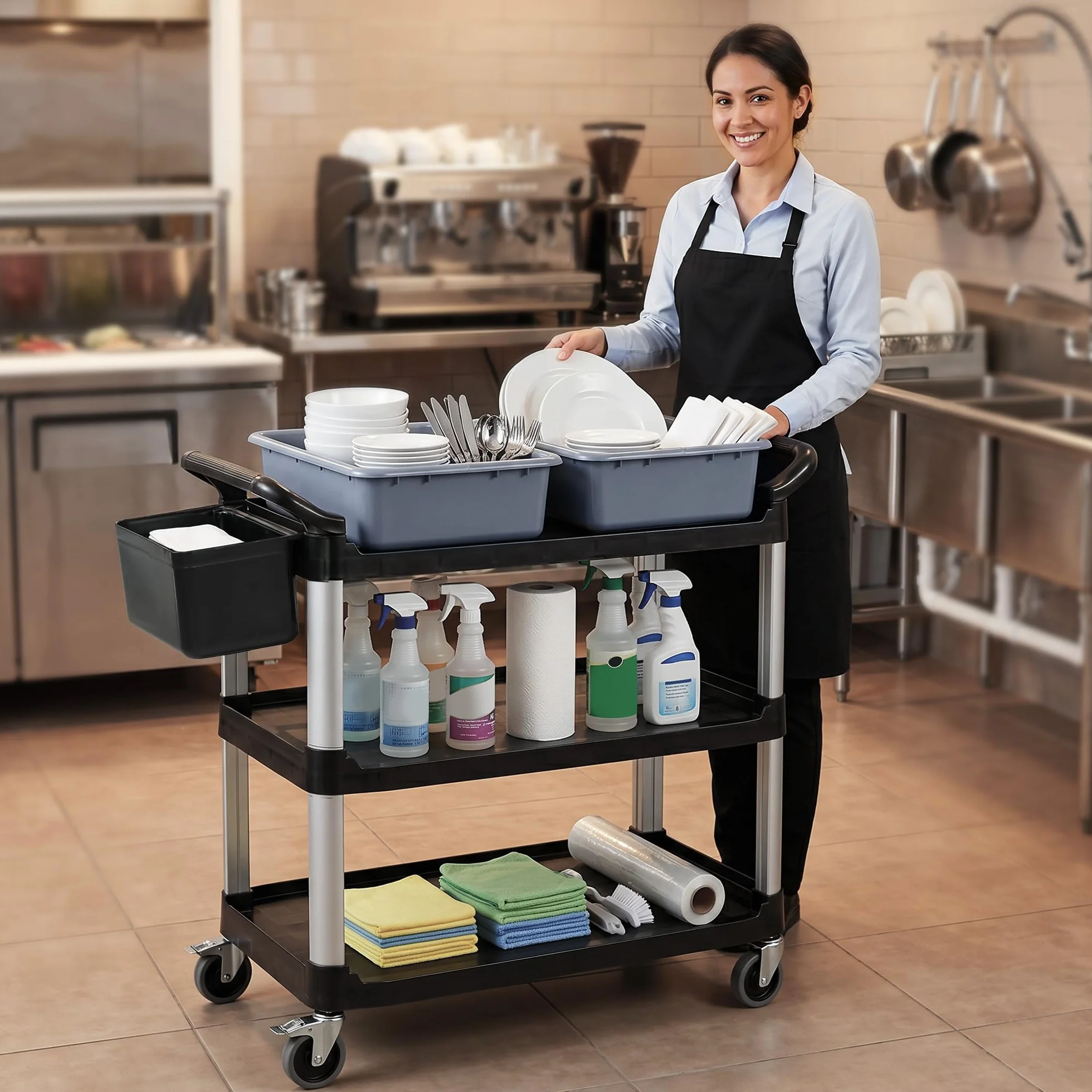 HOMCOM Carro de Limpieza con Ruedas, Carro de Servicio con 3 Estantes, 2 Contenedores y Cubo Lateral Colgante, Estructura de Aluminio, Carga 100 kg, 115x50x100 cm, Negro
