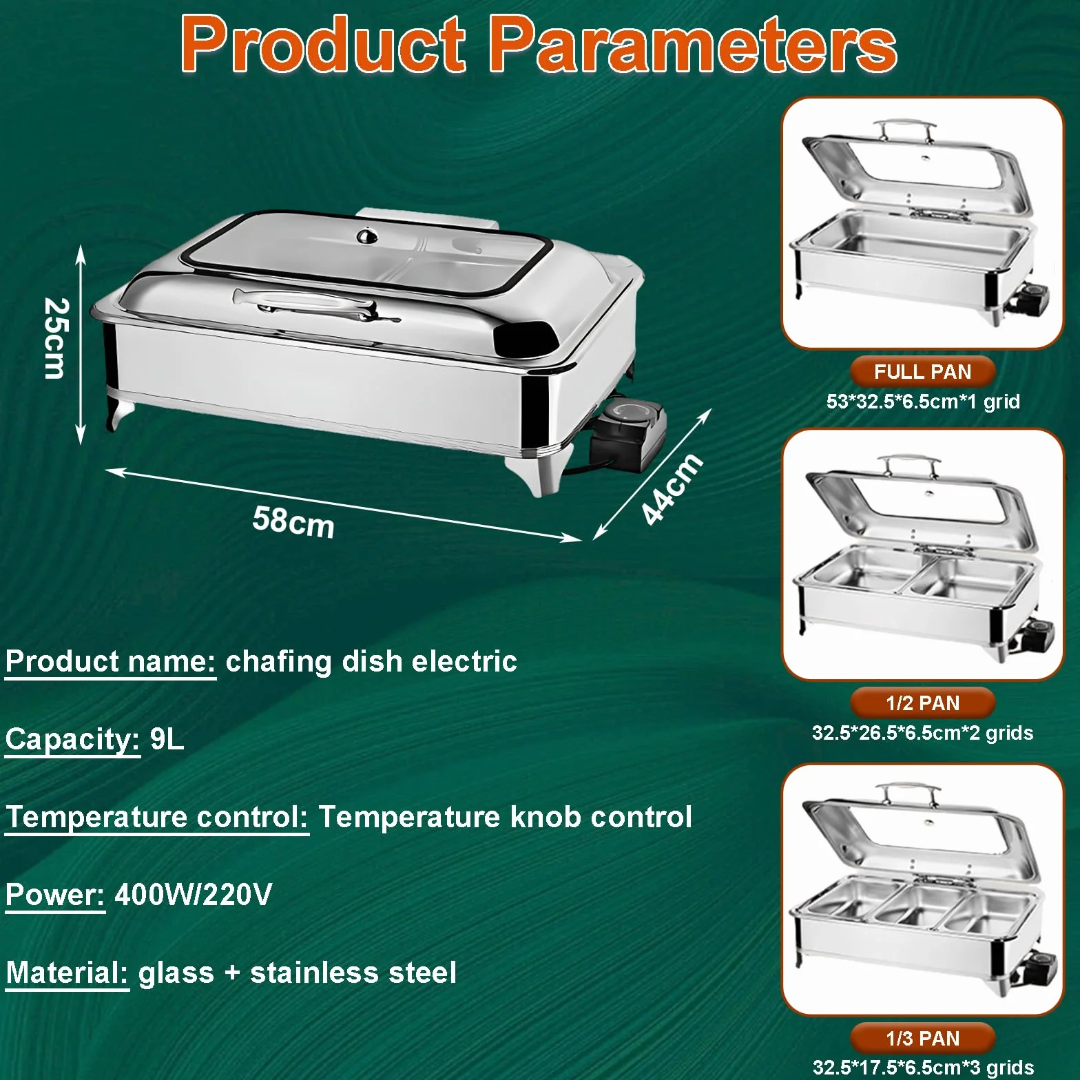 Chafing Dish Eléctrico 9L Profesional Calentador de Comida Buffet Acero Inoxidable Temperatura Ajustable