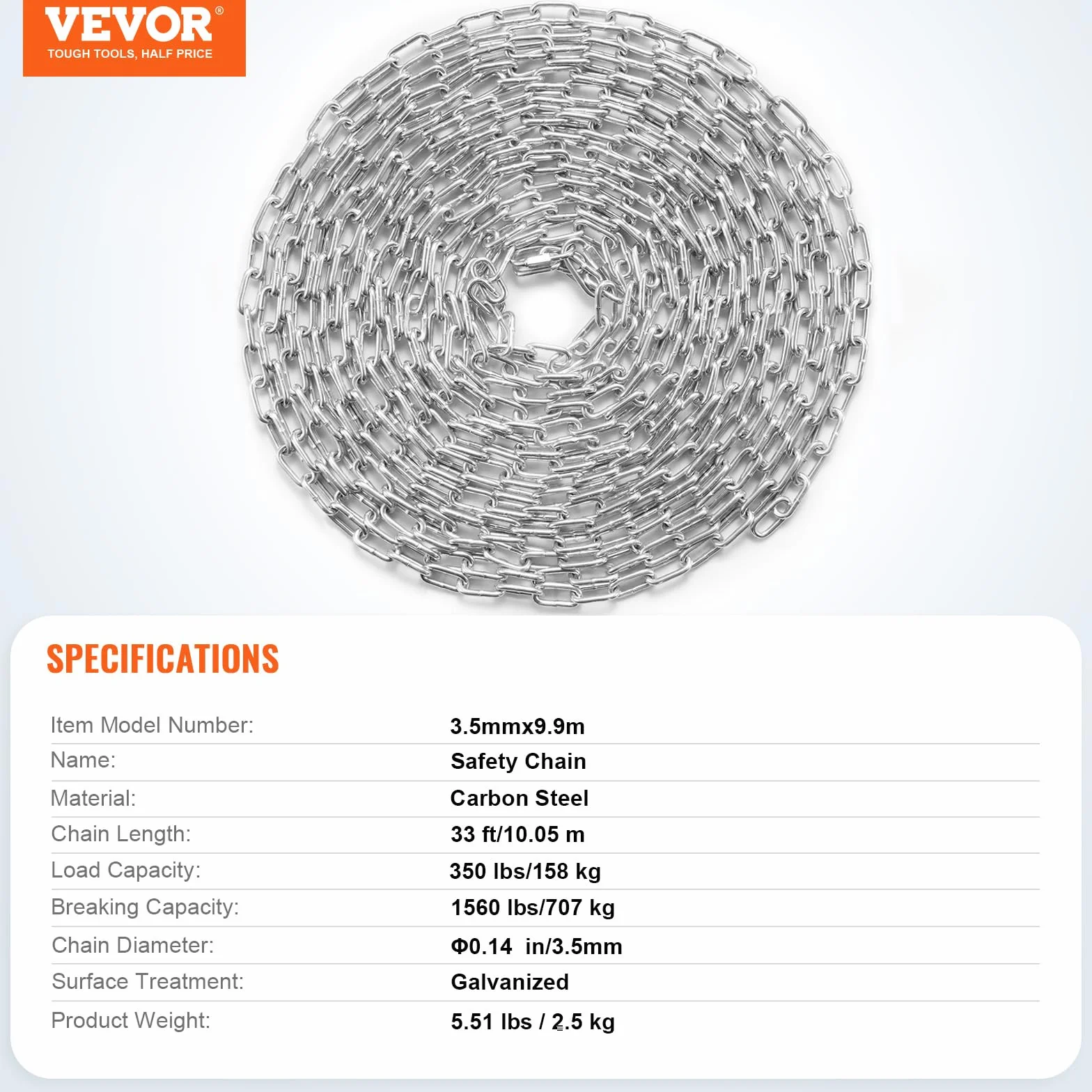 VEVOR Cadena de Eslabones de Acero al Carbono Galvanizado 3,5mm x 10,05m Cadena Helicoidal de Servicio Pesado Capacidad de Carga de 158kg Dos Conectores Rápidos Cadena para Remolcar, Colgar, Acampar