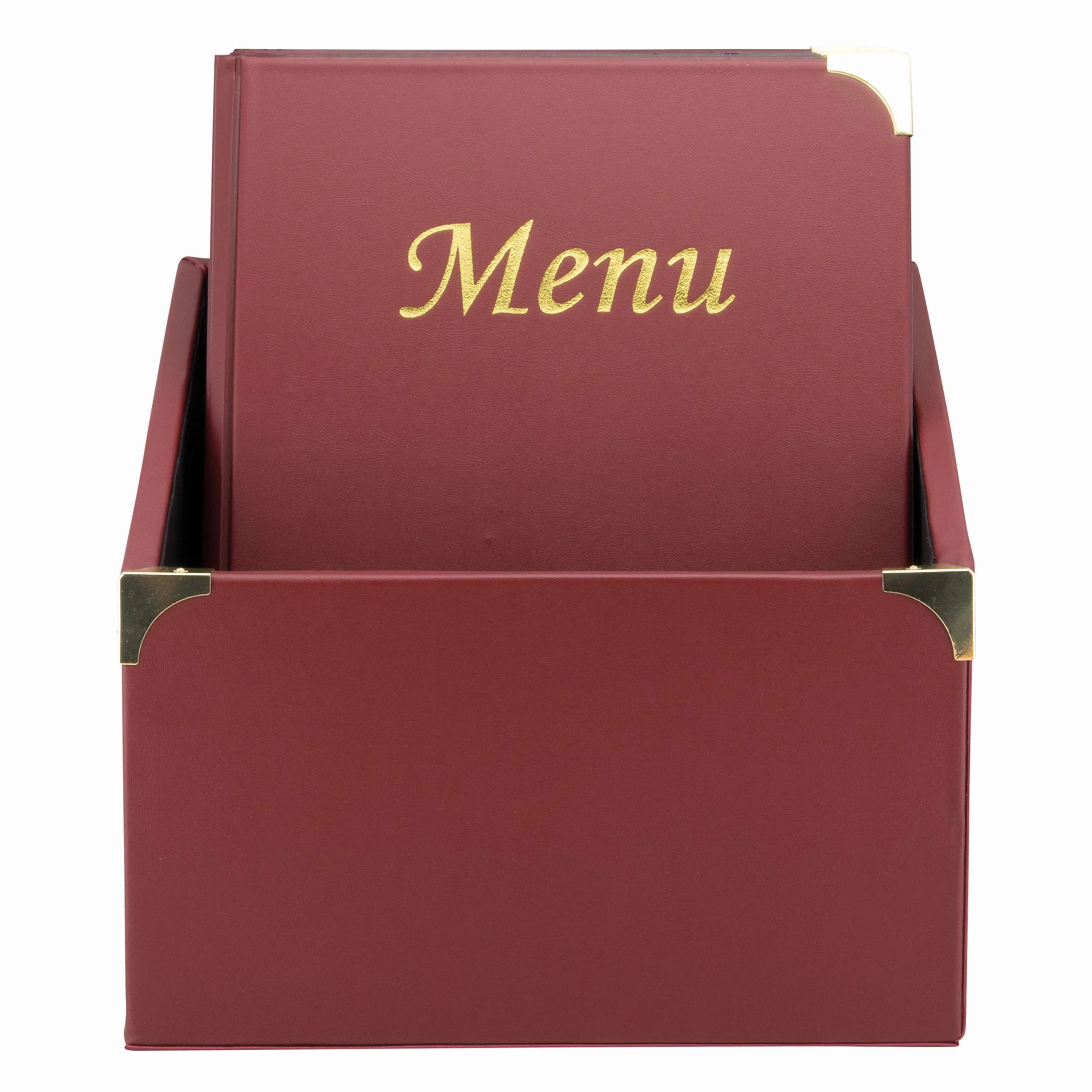 SECURIT - Set de 10 Portamenús Design Line con Caja de Exhibición - 1 Inserto Fijo Doble Cara = 8 Páginas A4- Posibilidad de Añadir Insertos - Café, Bar, Restaurante- Imitación Cuero PU- Color Burdeos
