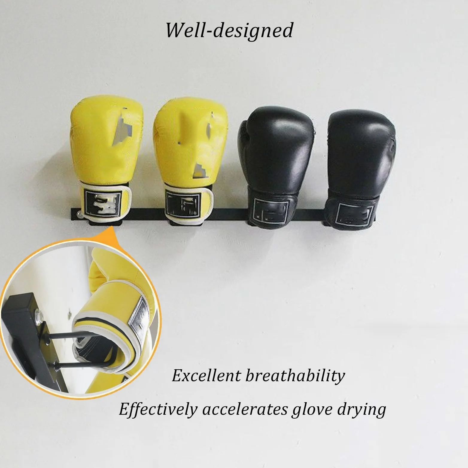 Soporte de pared para guantes de boxeo (capacidad para 2 o 3 pares) | Fabricado en acero; ideal para gimnasios, uso doméstico o tiendas(Black,2)