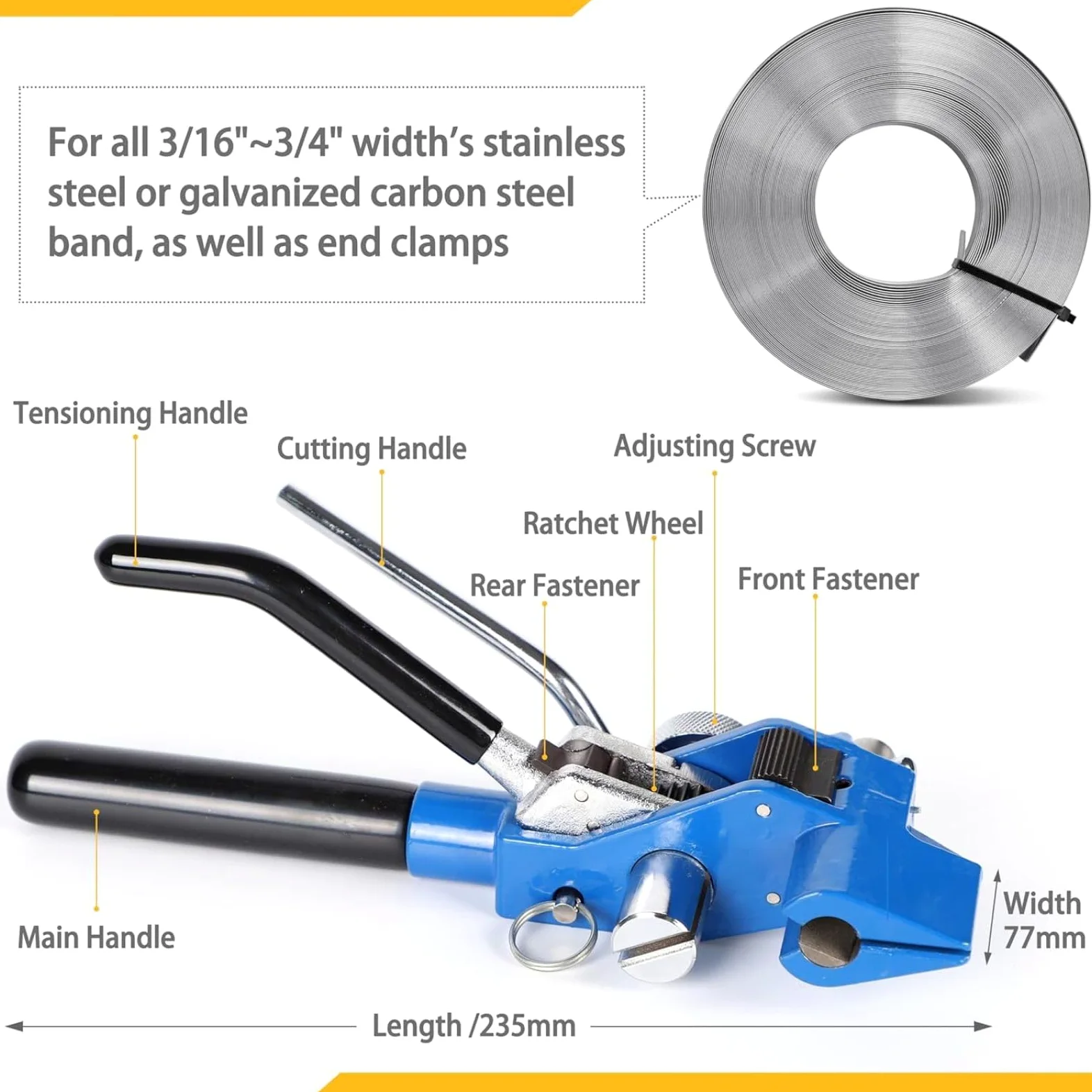 Herramienta de bandas de acero inoxidable con tensor de trinquete y cortador para correas de metal resistentes, ideal para asegurar cables, tuberías y carteles