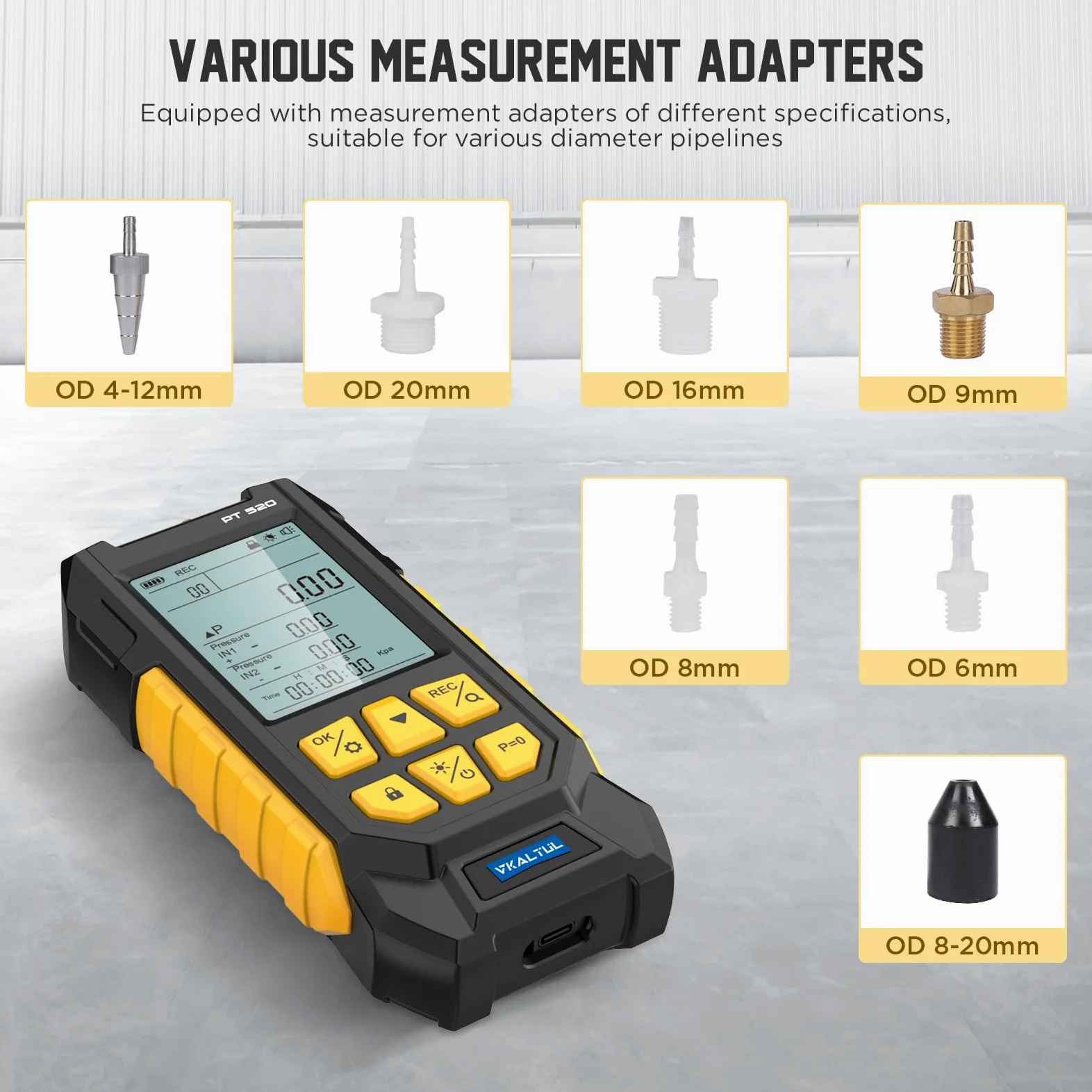 Manómetro de presión digital,Manómetro de presión de aire comprimido con valor de alta precisión, 10 lecturas, 29 almacenamiento de datos,Múltiples adaptadores de medición, -100~200Kpa