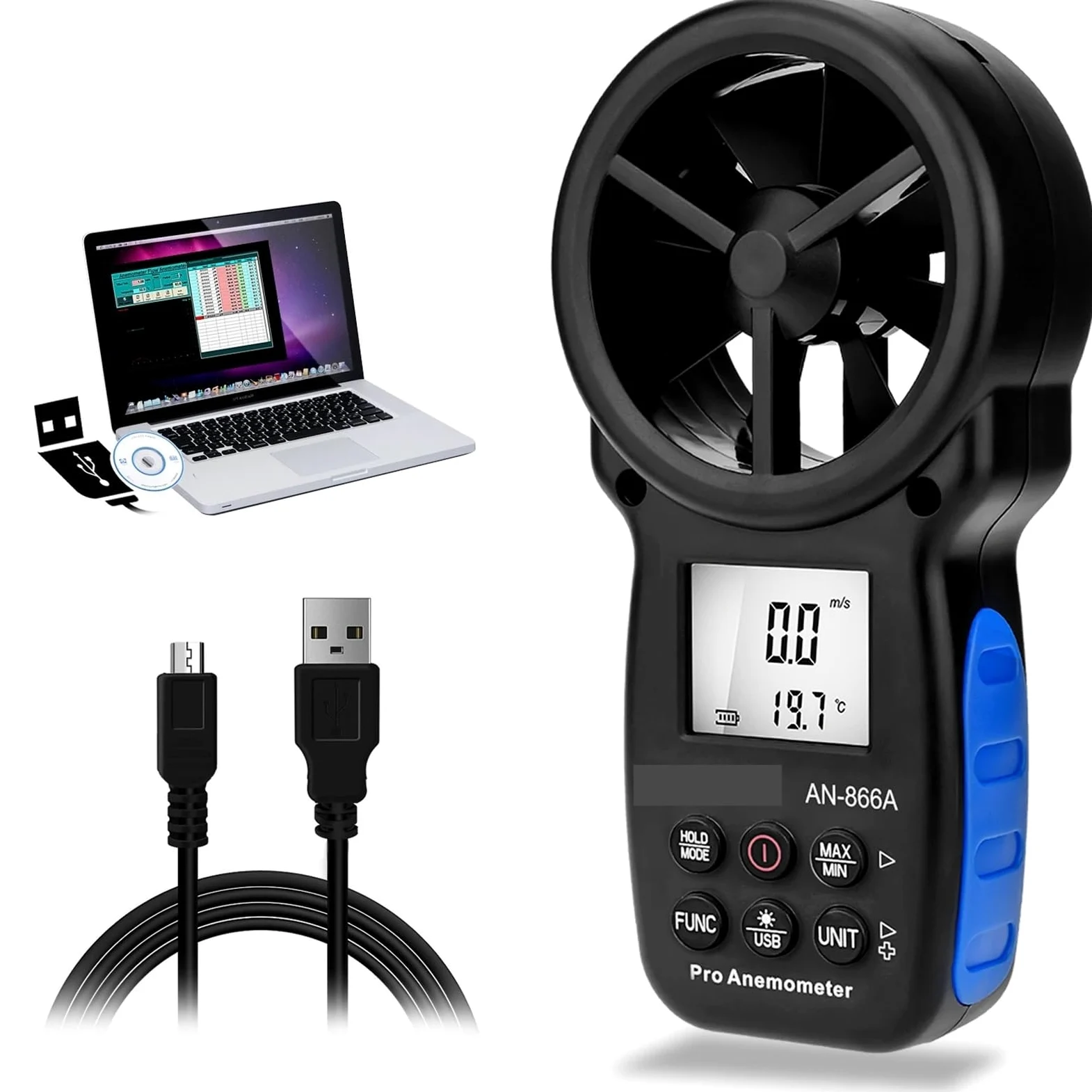 Anemómetro digital portátil HP-866A con conexión USB, medidor de punto de rocío y masa de aire con retención de datos y puerto USB.(Blue)