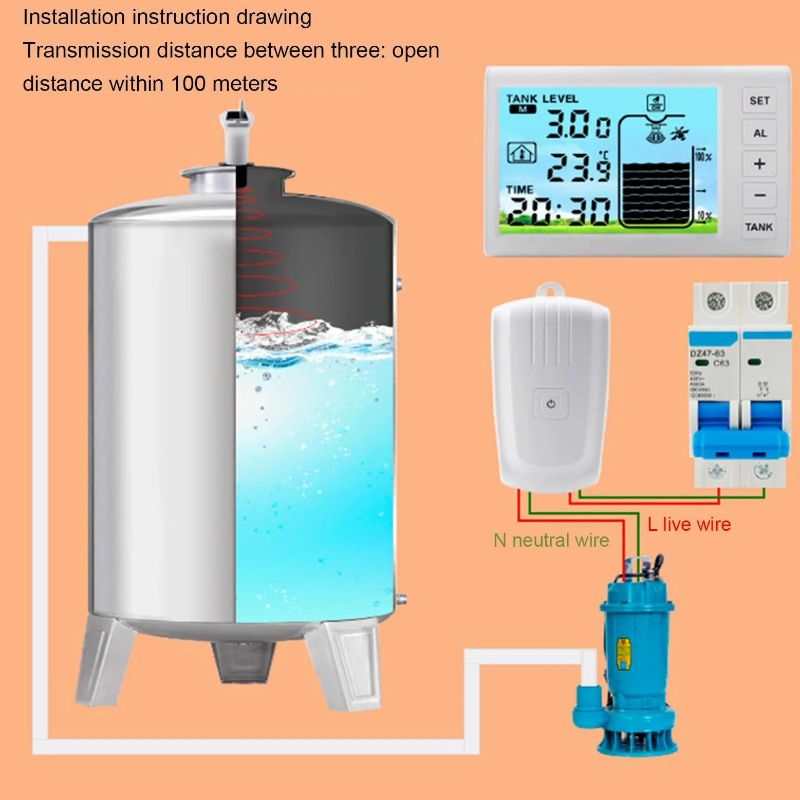 Sensor Ultrasónico de Nivel de Agua, Medidor de Nivel de Líquido Inalámbrico WiFi de Alta Precisión, Pantalla LED, Alarma Alta y Baja de 110 a 230V
