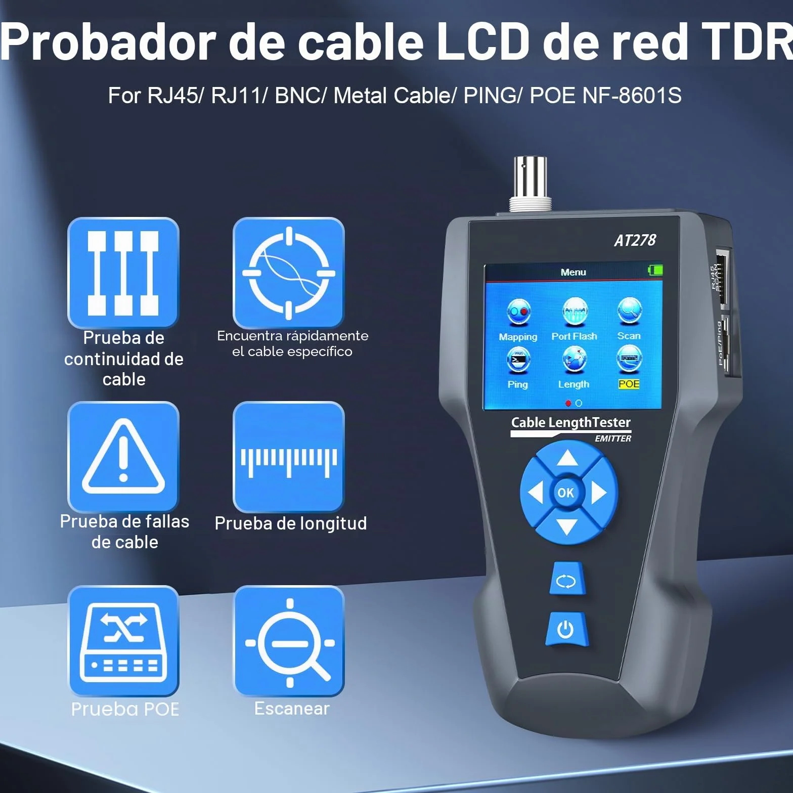 comprobadores de cables de red, NF-8601S TDR Multifuncional LCD Line Length Tester Breakpoint Testers Tracker RJ45/RJ11/BNC/Metal Cable/PING/POE Cable