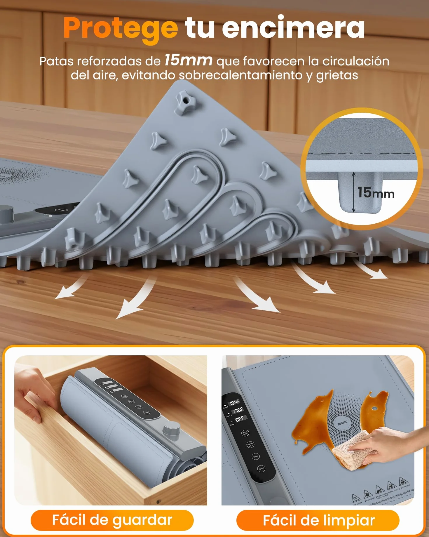 Bandeja de Calentamiento de Silicona 101×43 Cm 3 Zonas 17 Temperatura 1-6 Horas Eléctrica Comida Buffet