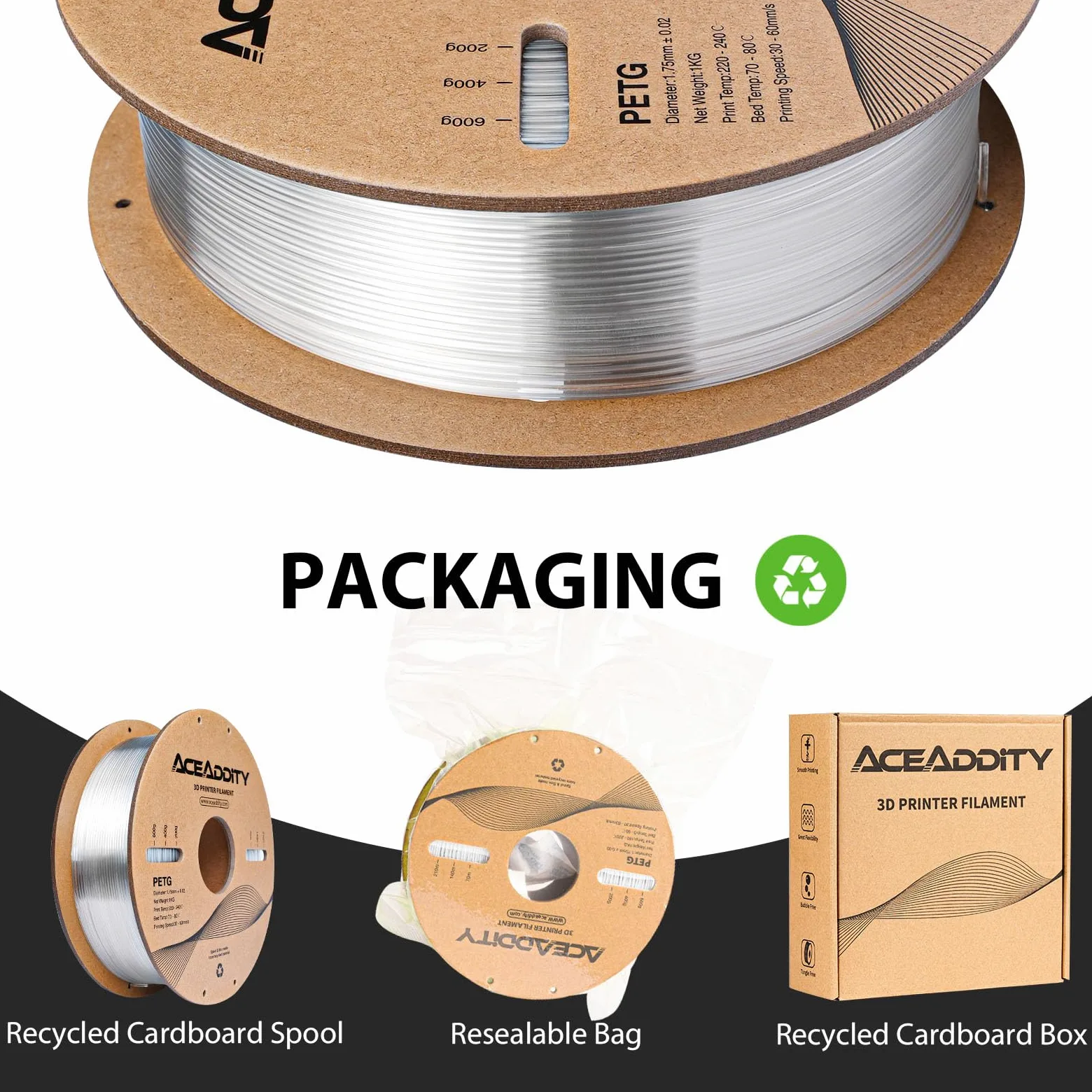 Filamento de PETG de 1,75 mm PETG de impresión 3D, compatible con la mayoría de impresoras 3D FDM Neptune 2 / Neptuno 3 / Ender 3 / Precisión dimensional ± 0,02 mm, bobina de 1 kg (2 kg)