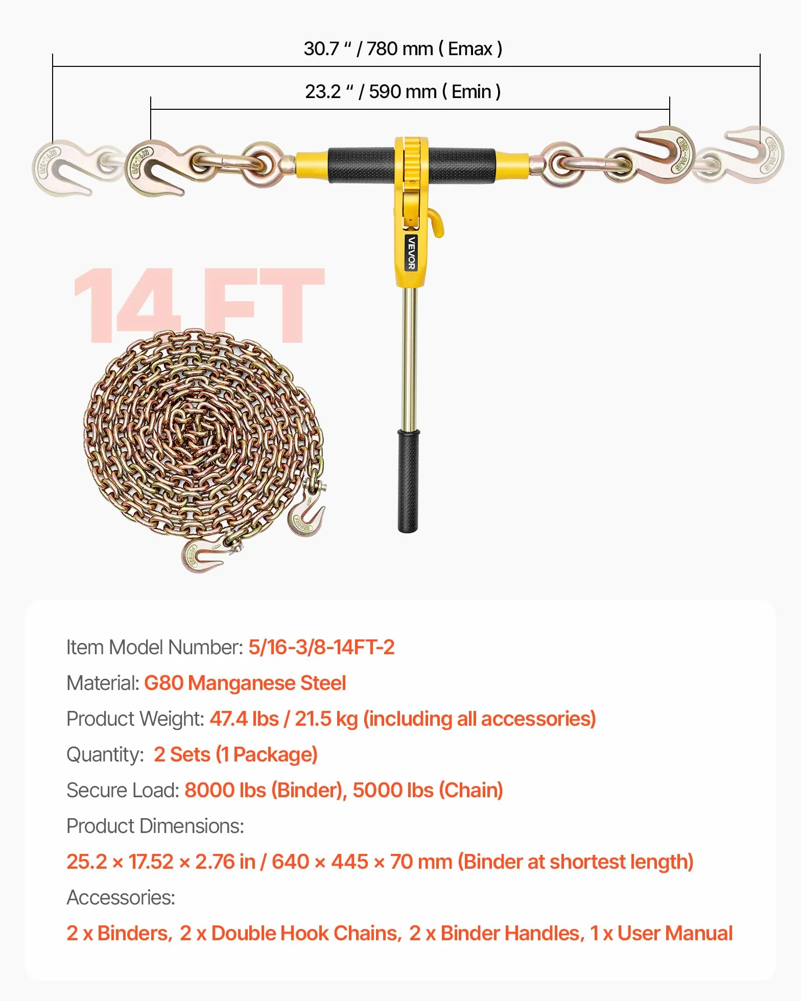 VEVOR Cadena Tensora con Trinquete, Juego de 2, Capacidad 3629 kg con Cadena 8 mm x 3,9 m Compatible 8 a 10 mm, Tensor de Cadena con Trinquete y Ganchos Ajustables para Amarre de Carga Camión Remolque