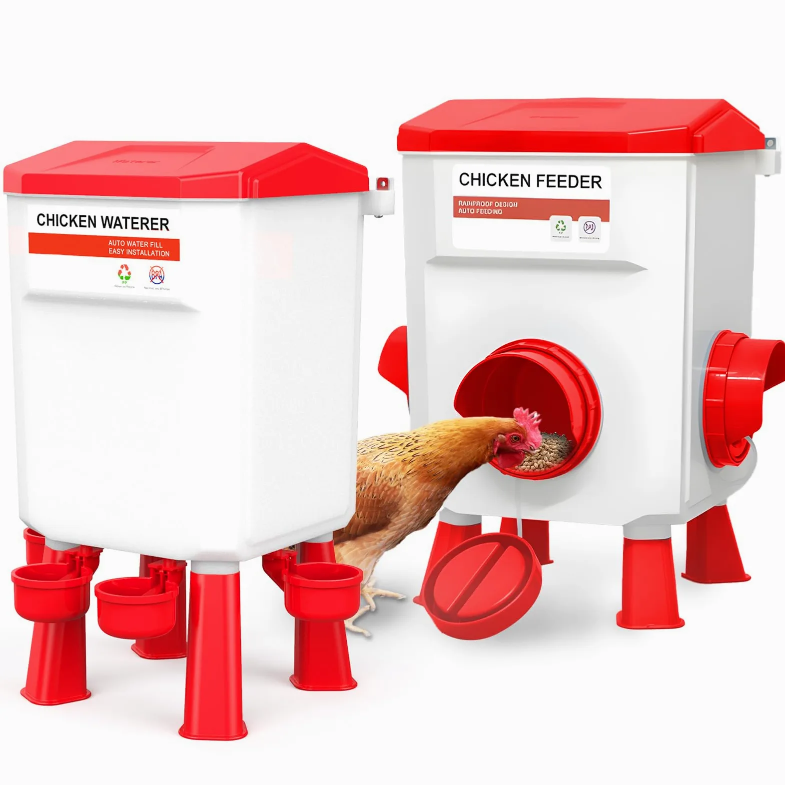 Juego de comedero de pollo de 12 kg y bebedero de 11 L, comederos y bebederos de pollo, comederos de pollo sin residuos, comedero de aves de corral al aire libre con patas desmontables hasta