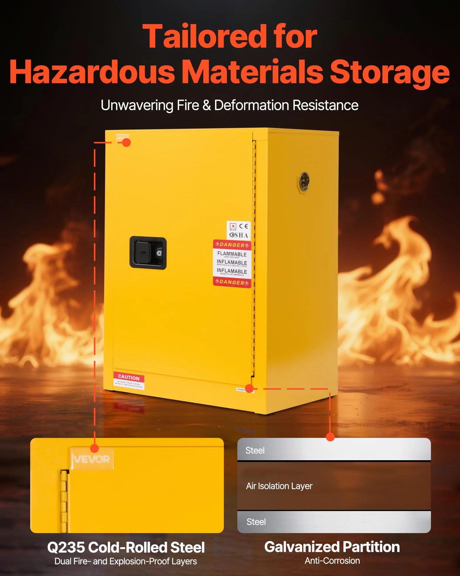 VEVOR Gabinete para Materiales Inflamables, Gabinete Ignífugo 59 x 46 x 90 cm de 49,21 L de Acero Laminado en Frío y Galvanizado con Estante Ajustable para Uso Comercial/Doméstico, Amarillo