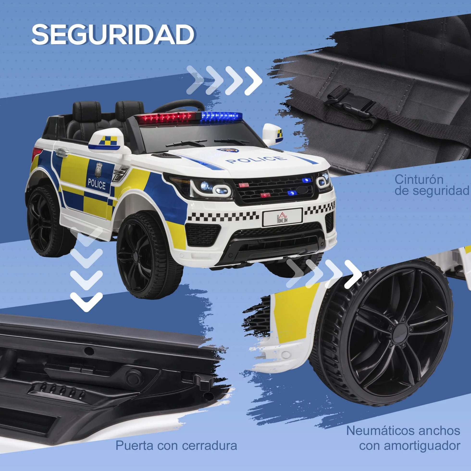 HOMCOM Coche Eléctrico Infantil de Policía 12V con Suspensión Muelle Mando a Distancia Bluetooth USB Sirena Blanco