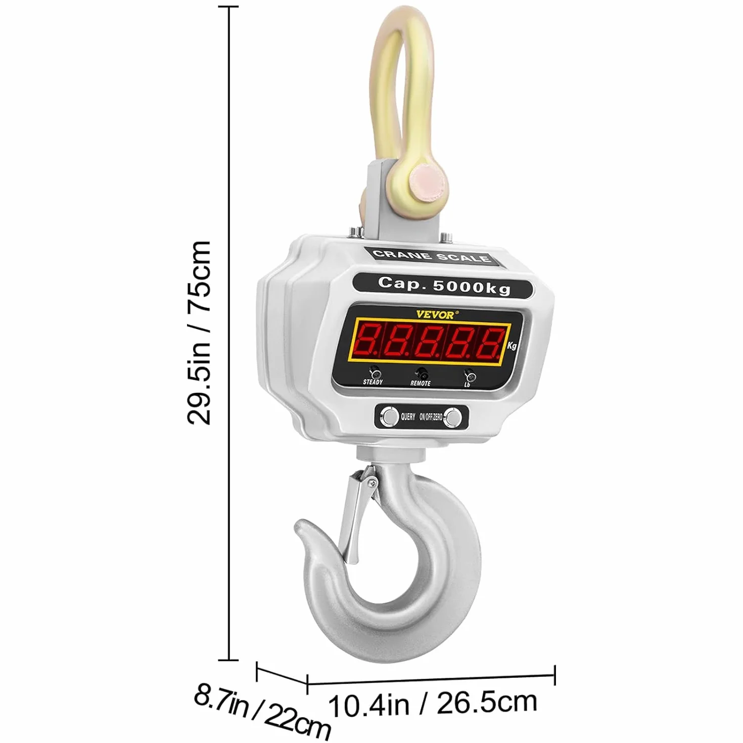 VEVOR Báscula de Grúa Electrónica 5.000 kg, Escala con Gancho Resistente, Clase de Precisión OIML III, Rango de Temperatura -10 a 40 ℃, Duración de la Batería Más de 60 Horas, 26,5 x 22 x 75 cm