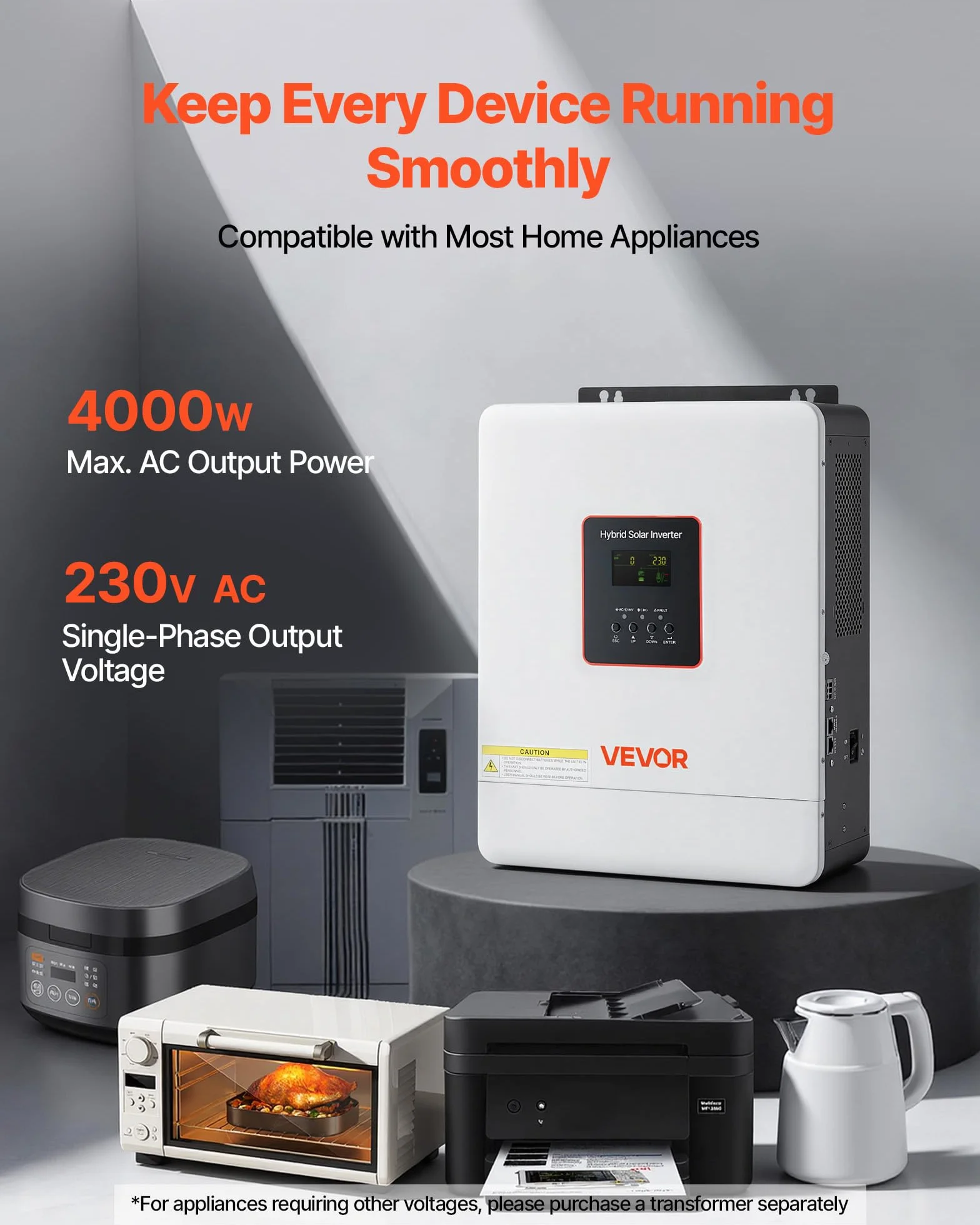VEVOR Inversor Solar Híbrido 4000 W, Onda Sinusoidal Pura, Controlador MPPT Integrado 120 A, Módulo Compatible con Wi-Fi, Batería de Plomo-Ácido de Litio para Sistemas Solares Aislados de la Red
