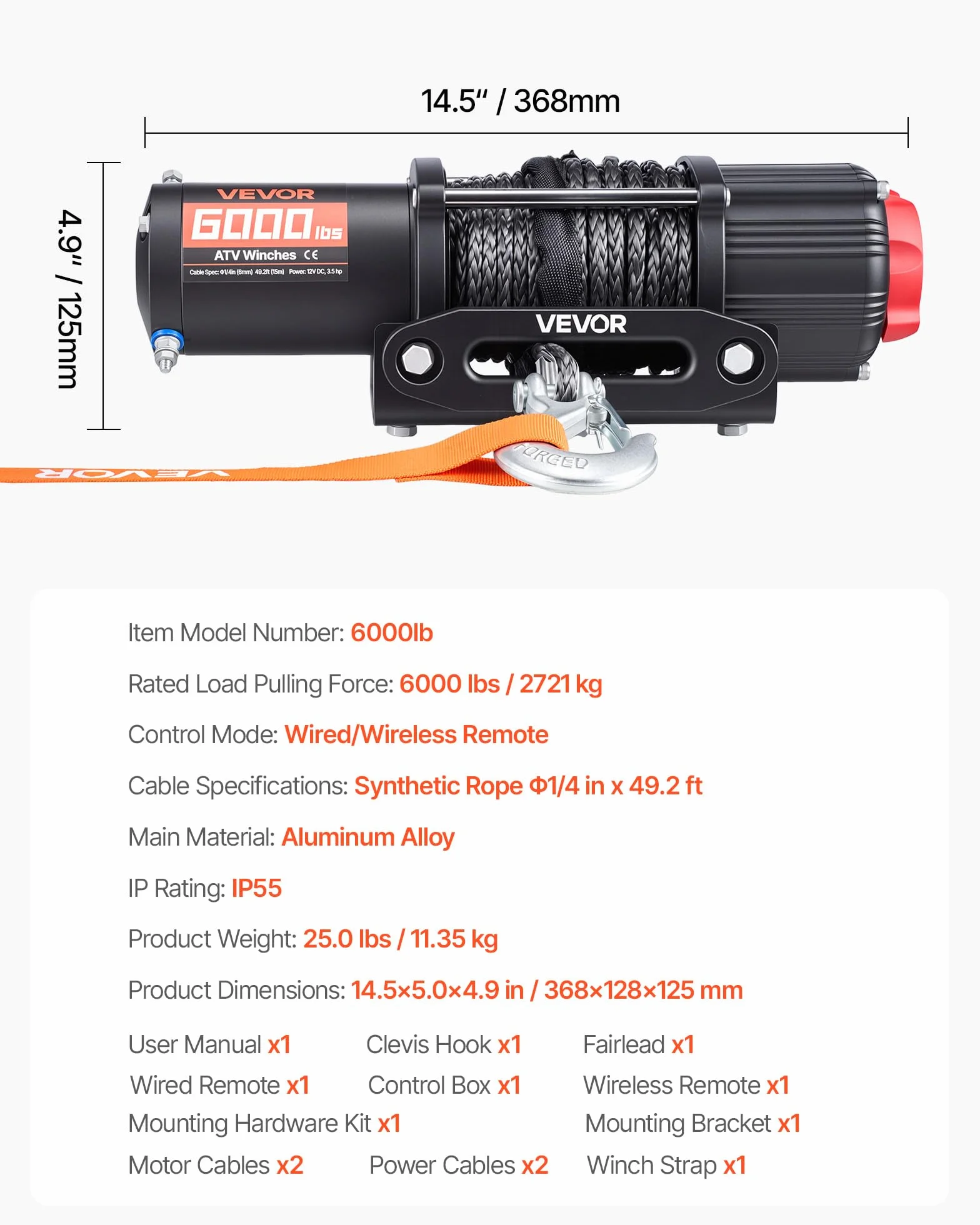 VEVOR Cabrestante Eléctrico 12V 2721 kg para ATV UTV con Cuerda Sintética de 6 mm x 15 m, Motor 2,6 kW, Control Remoto con Cable, Guía de Cable, Gancho y Soporte de Montaje para Exteriores Todoterreno