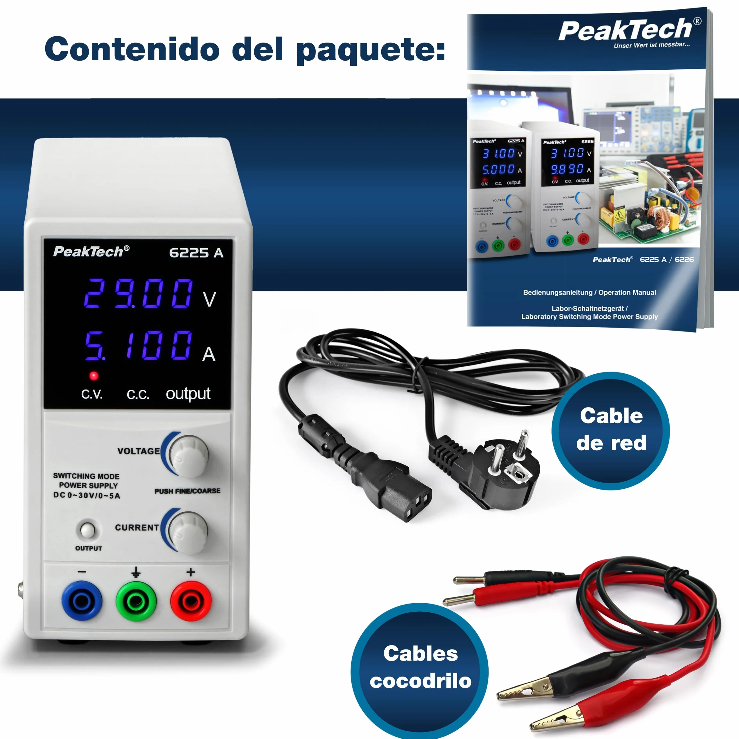 PeakTech 6225 A – Fuente de alimentación 0-30V / 0-5A, ajustable, DC con pantalla LED de 4 dígitos, conmutación estabilizada, amperímetro, sobrecarga y prueba de cortocircuito, diseño estrecho