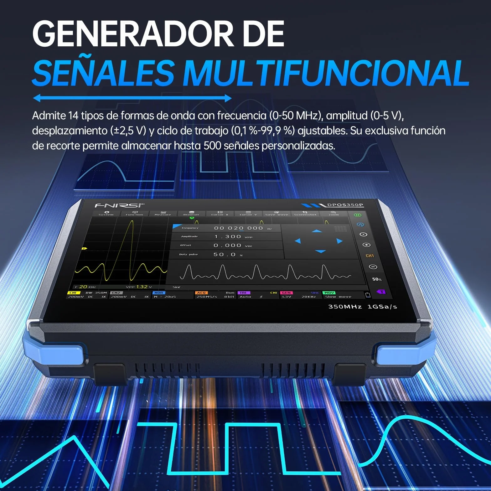 FNIRSI DPOS350P Osciloscopio de Tableta 4 en 1 de 350 MHz, Analizador de Espectro de 200 KHz~350 MHz, Analizador de Respuesta de Frecuencia y Generador DDS, Osciloscopio Portátil de 2CH y 1 GSa/s