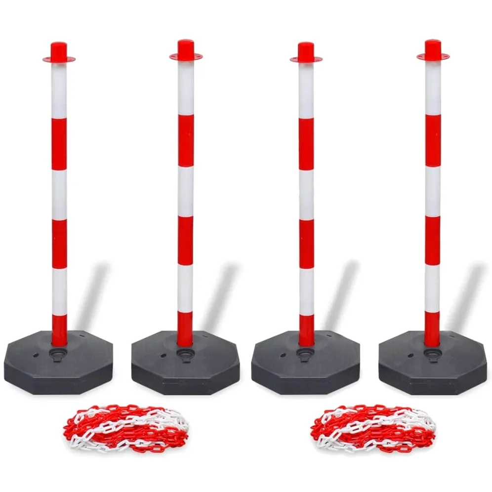 Juego de 4 postes de barrera con 2 cadenas de plástico de 10 m para marcar y bloquear de forma segura en industria, almacén, obra, taller, áreas públicas, carreteras privadas