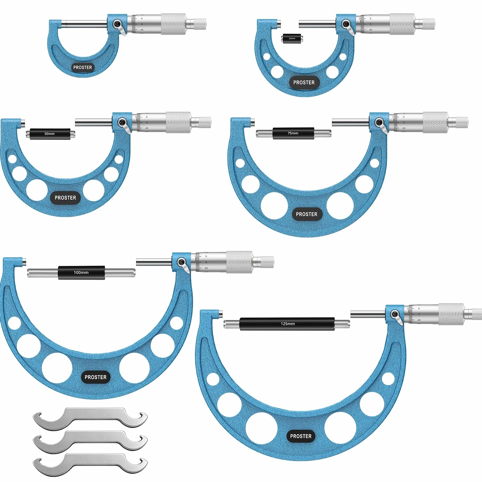 Proster Micrómetro Externo 0~150mm 6PCS Micrometro Metrico 0-25mm,25-50mm,50-75mm, 75-100mm,100-125mm,125-150mm con 5 Varillas de Calibración y 3 Llave Especial para Mecanizado, Automoción Inspección