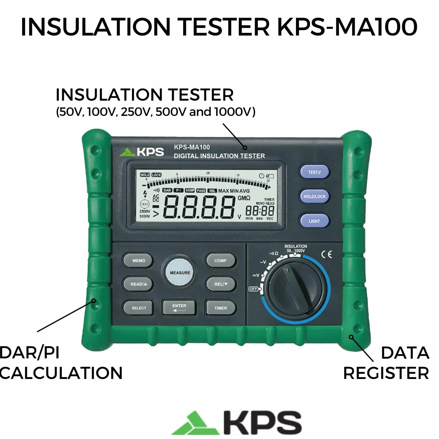 KPS-MA100 Medidor de Aislamiento hasta 1KV (50V, 100V, 250V, 500V y 1000V) Cálculo DAR/PI