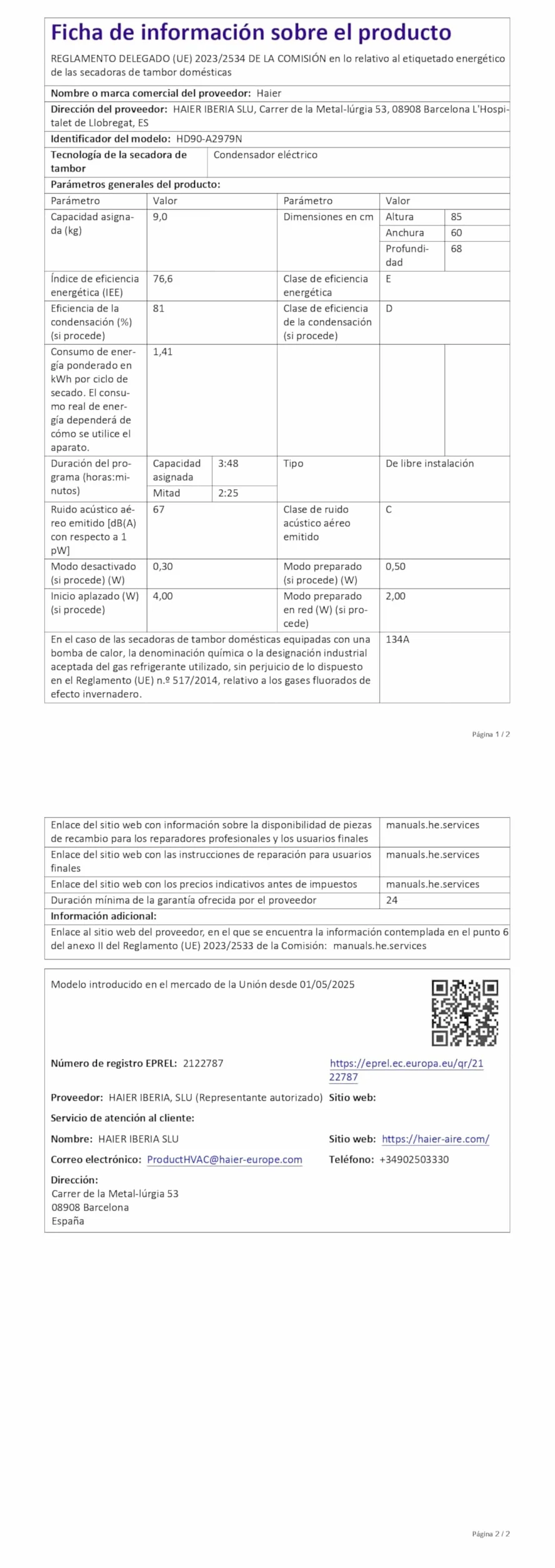 Haier I-Pro Series 7 Secadora con Bomba de Calor 9KG Función Vapor I-Refresh Motor Inverter 14 Programas